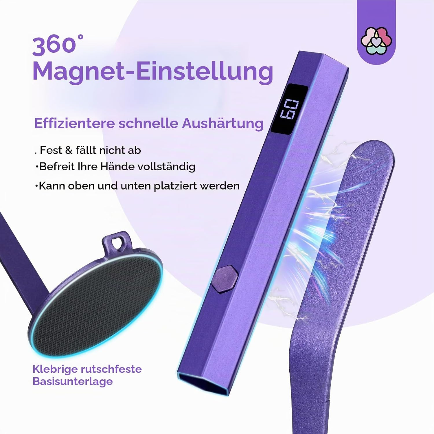 Eine lila UV-Nagellampe mit digitalem Display, klebender Basis und deutschem Werbetext.