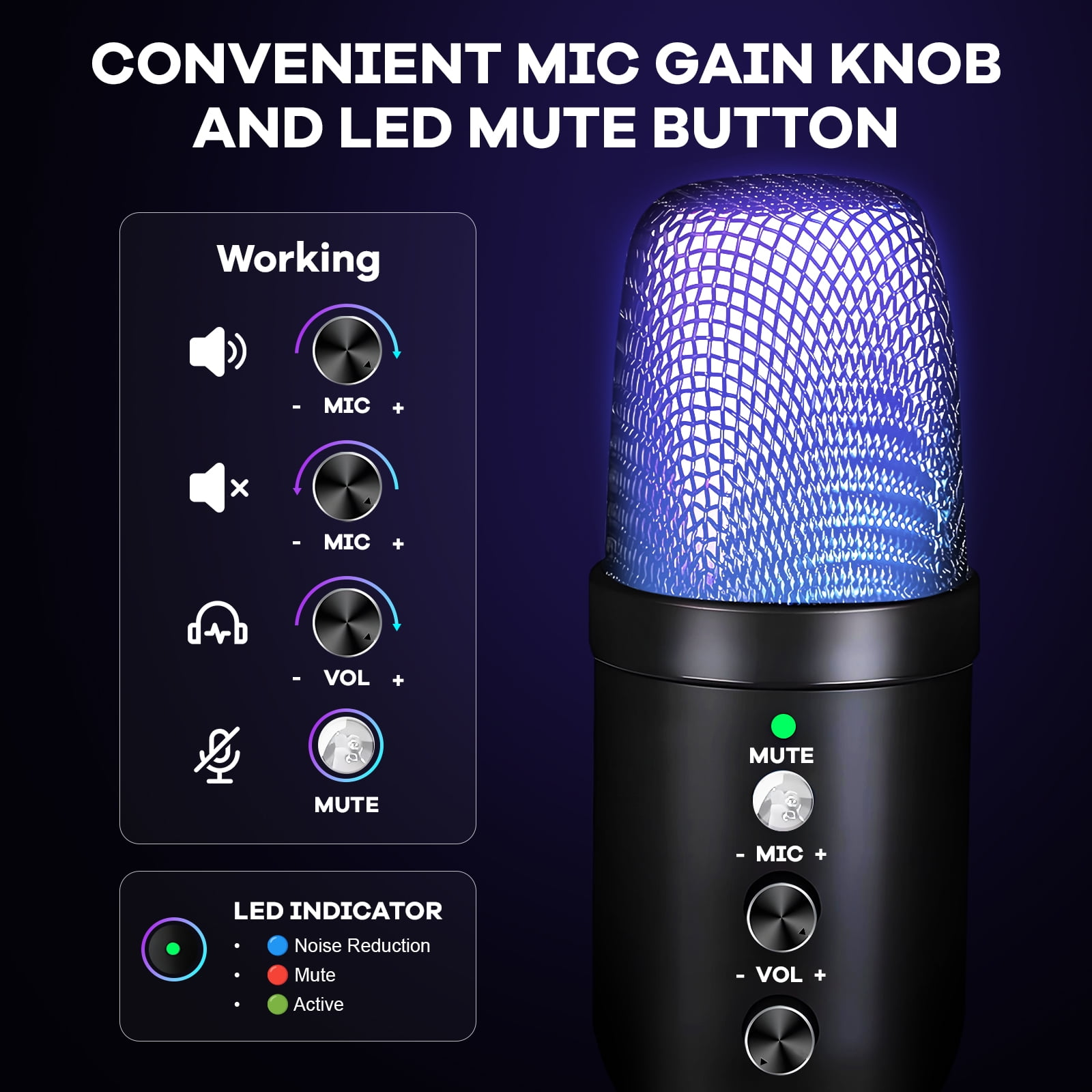 Ein schwarzes Mikrofon mit blau beleuchtetem Gitter, Gain-Reglern, Mute-Taste und LED-Indikator-Diagramm.