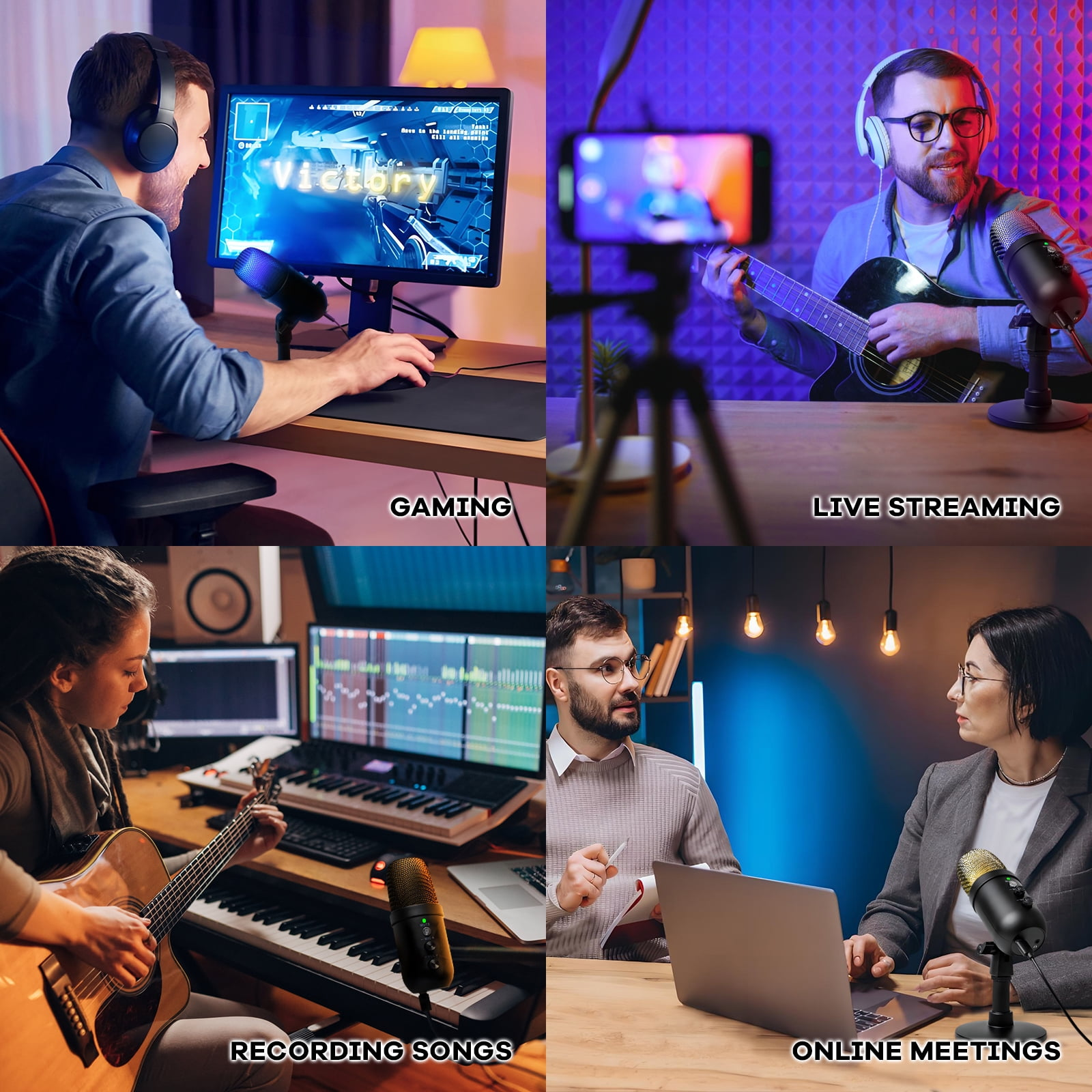 Vier Felder zeigen Gaming, Live-Streaming, Songaufnahme und Online-Meetings mit Mikrofonen.