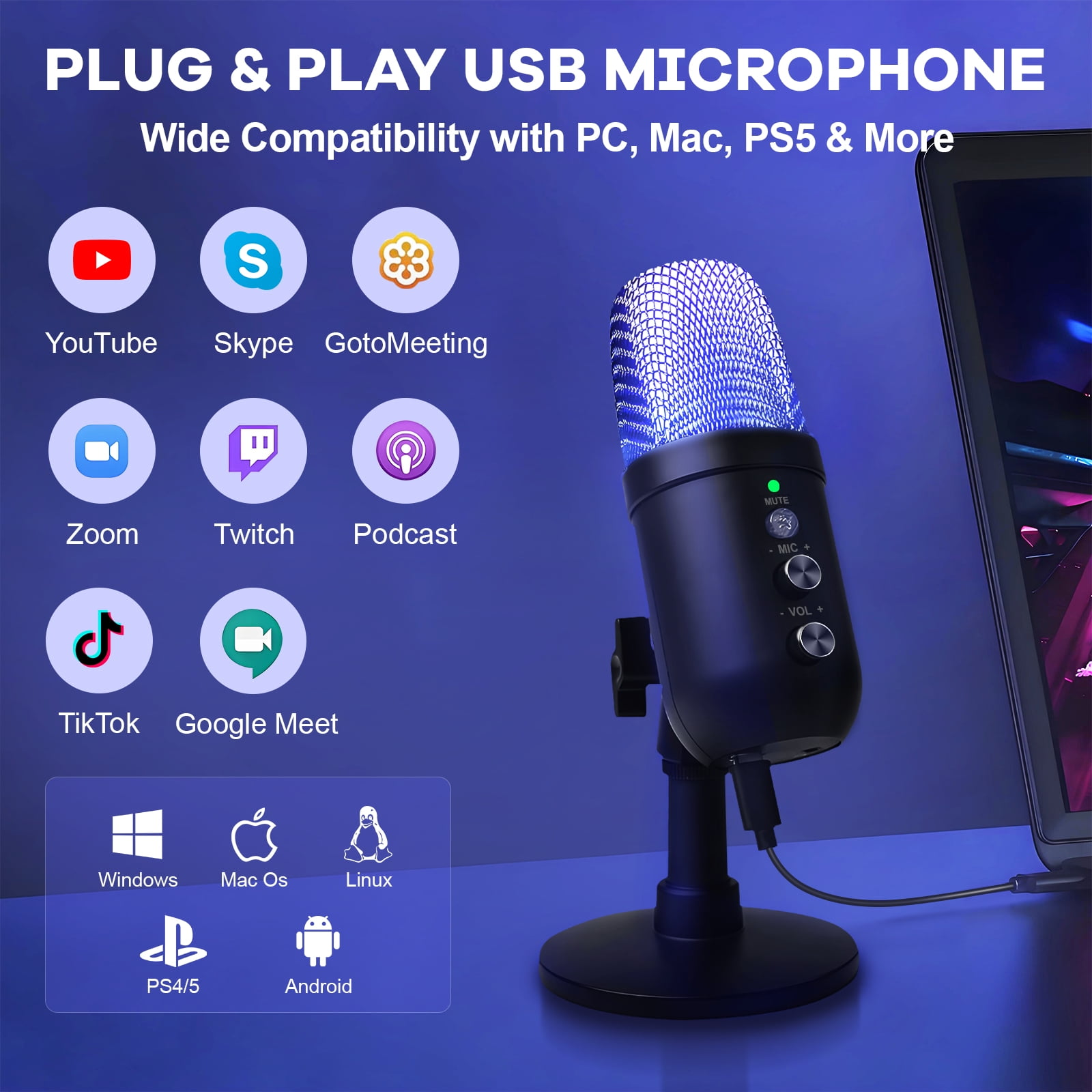 Ein blau leuchtendes USB-Mikrofon vor einem blauen Hintergrund mit Software-Logos.