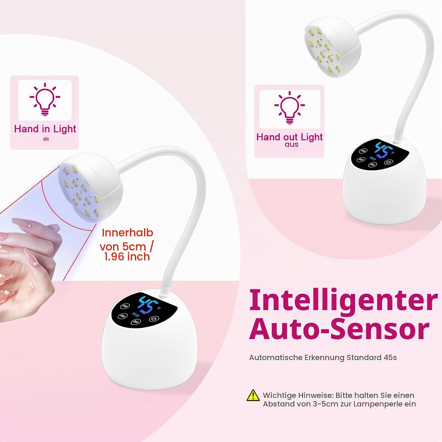 Weiße Nagellampe mit flexiblem Hals und Auto-Sensor zeigt Hand-In- und Hand-Out-Modi.