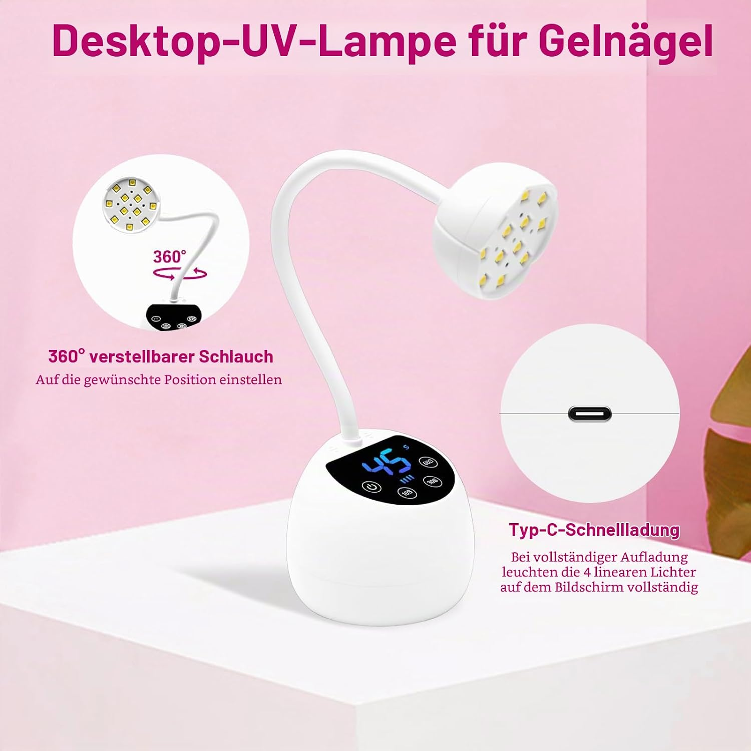 Weiße UV-Nagellampe mit Schwanenhals, Digitaldisplay und Typ-C-Anschluss vor rosa Hintergrund.