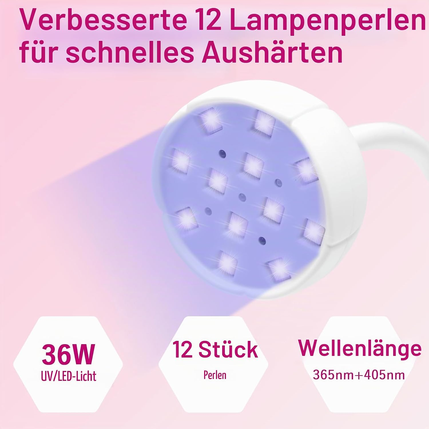 Eine weiße UV/LED-Lampe mit 12 beleuchteten Lampenperlen vor rosa Hintergrund und Text.