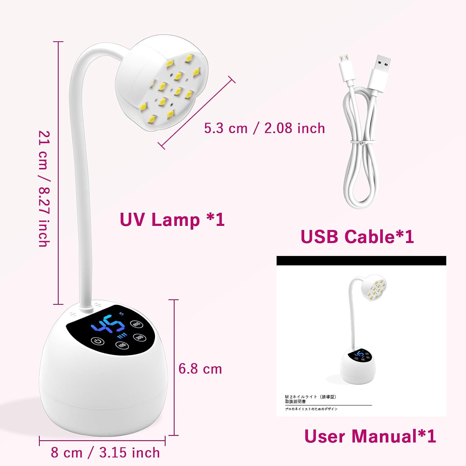 Diagramm einer weißen UV-Nagellampe mit USB-Kabel und Maßen auf rosa Hintergrund.