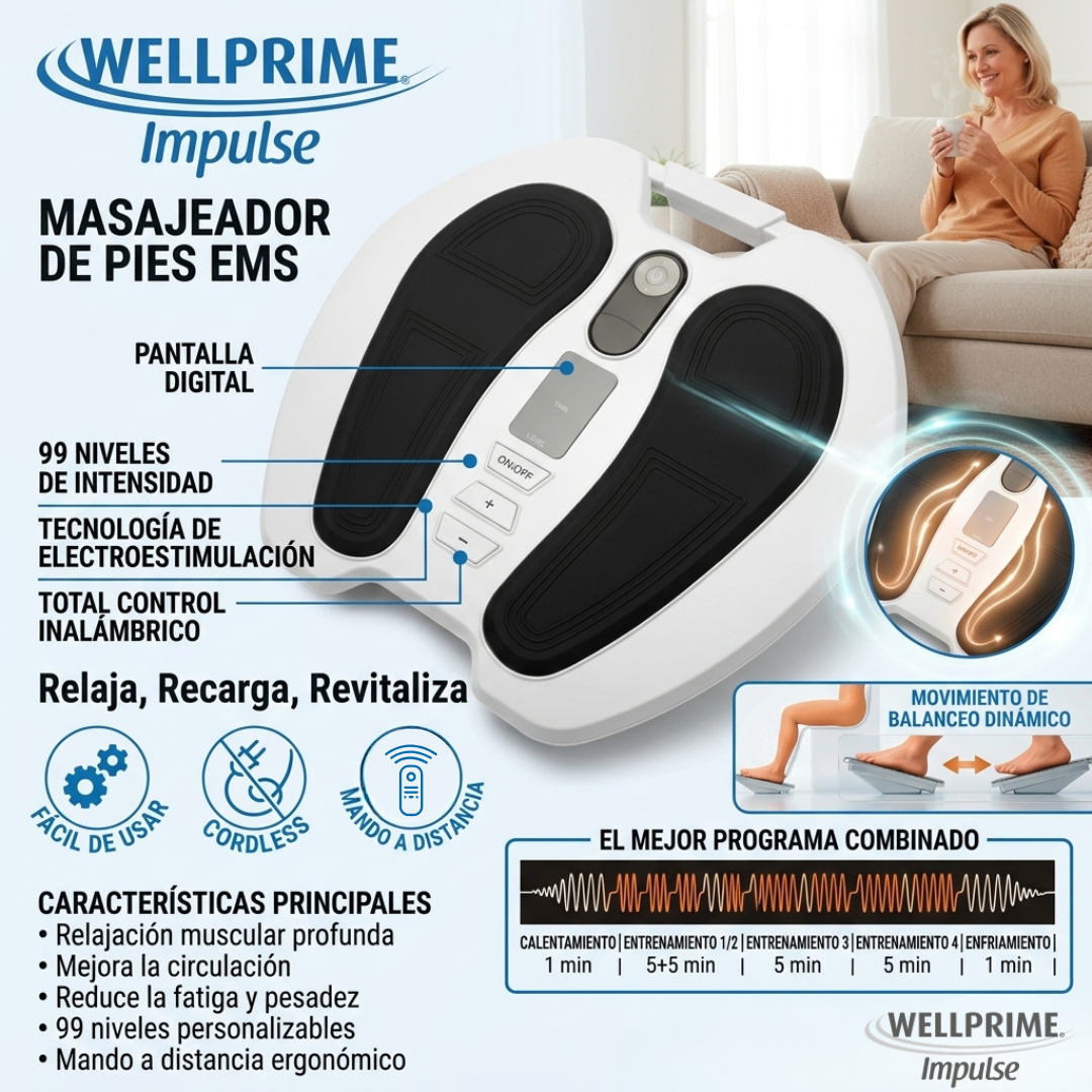 Appareil de massage des pieds EMS WELLPRIME Impulse avec affichage numérique et contrôle sans fil.