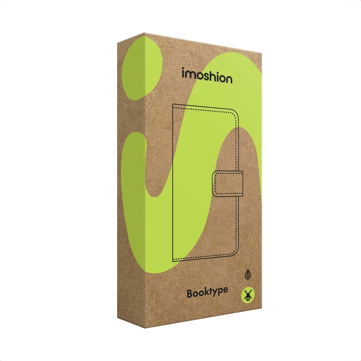 Un envase de cartón marrón para producto con un diseño verde y el texto imoshion Booktype.