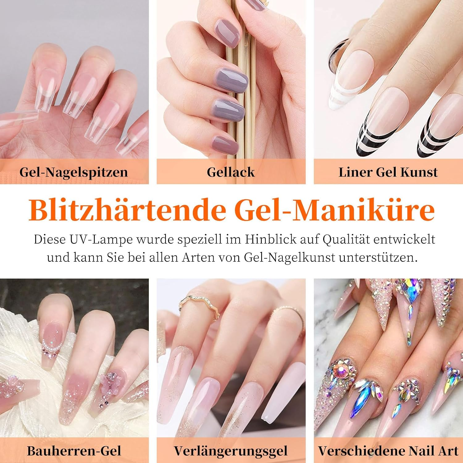 Sechs Bilder zeigen verschiedene Stile von Gel-Maniküren und Nail-Art.