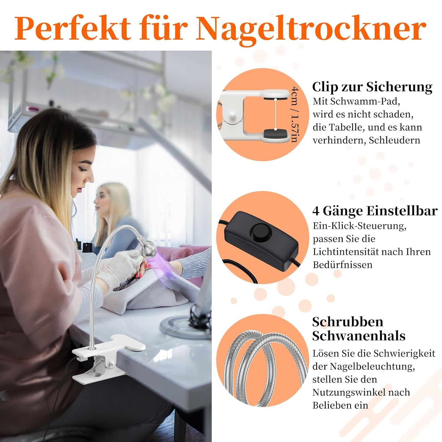 Eine Nageldesignerin nutzt eine flexible UV-Lampe mit Klemme am Nagelstudio-Tisch, rechts mit Detailblasen.