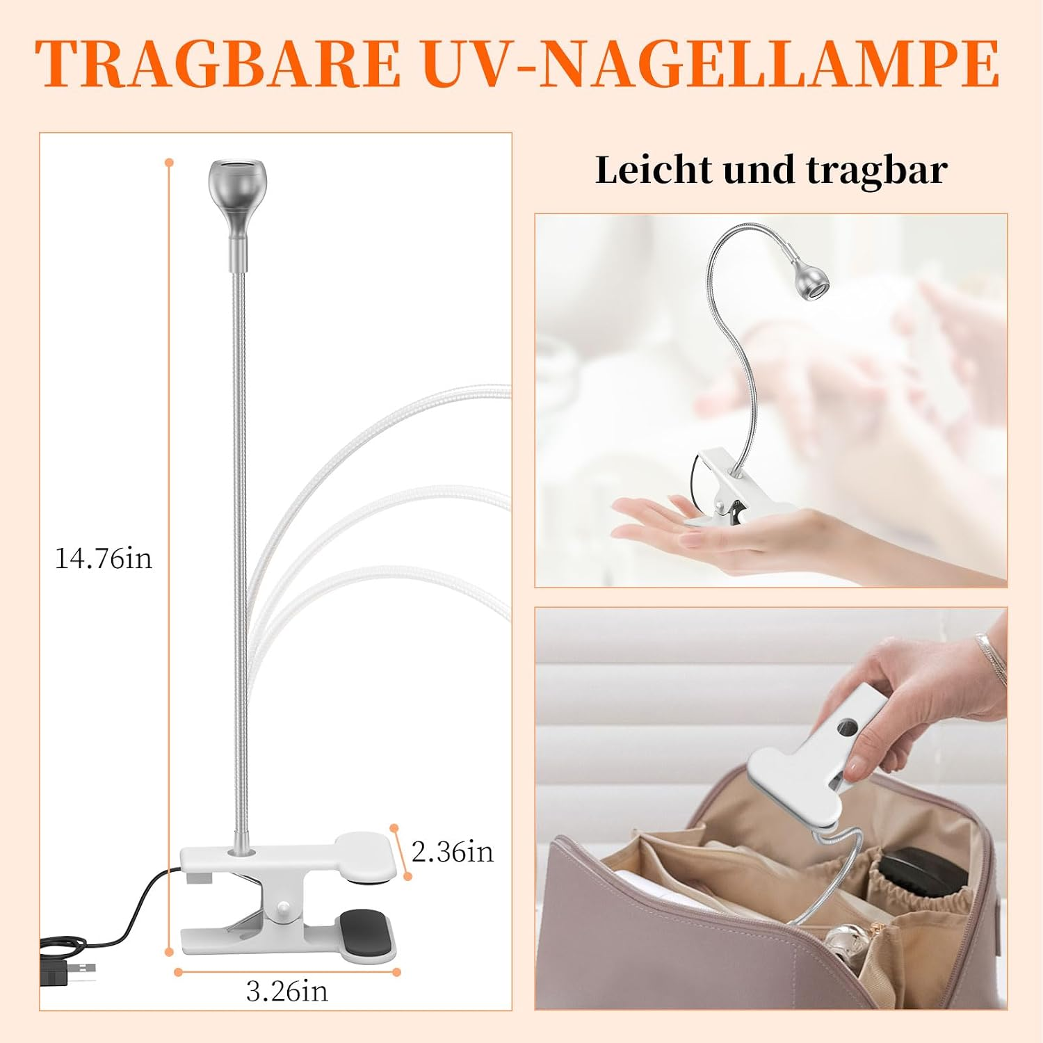 Tragbare UV-Nagellampe mit Schwanenhals, Klemme und Maßangaben.