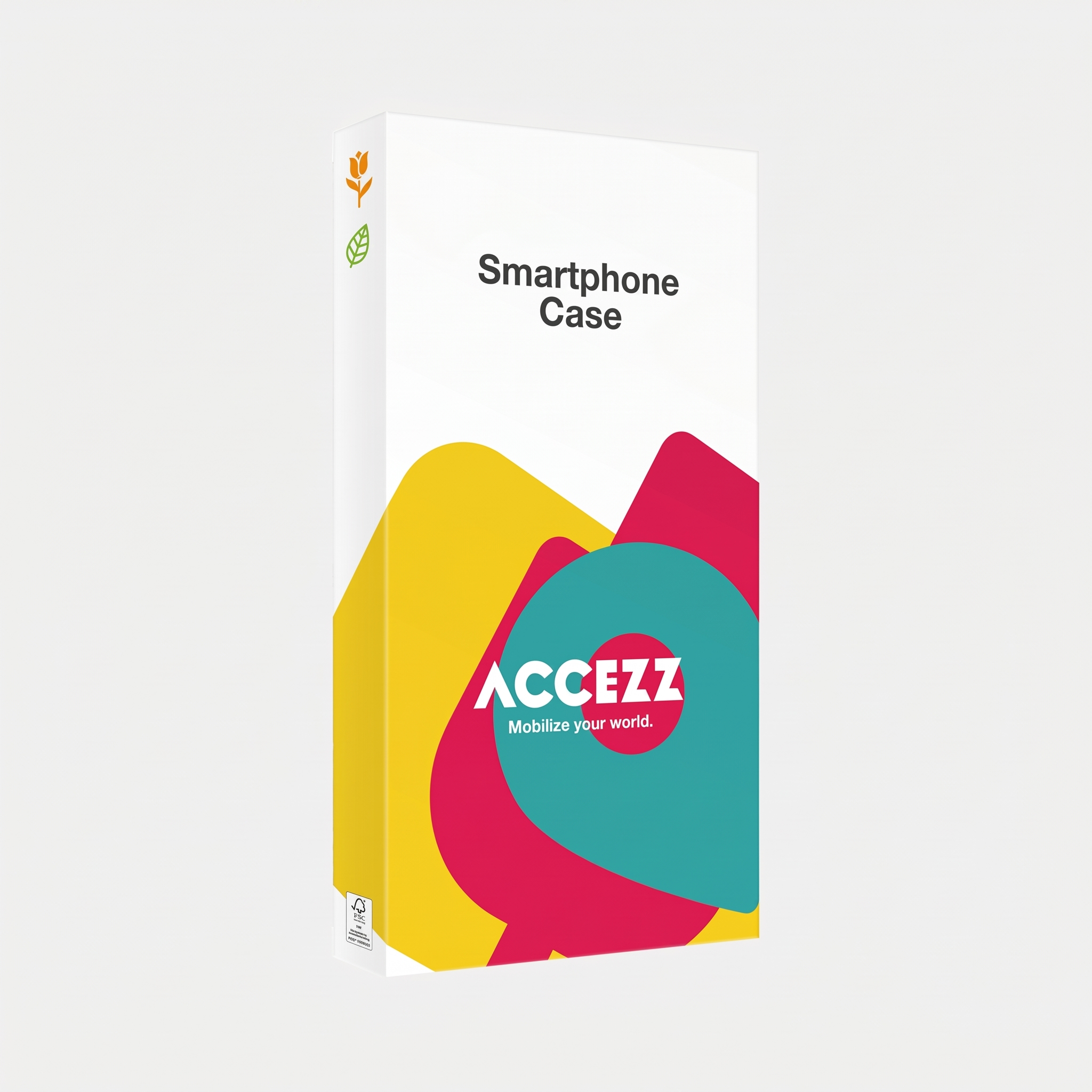 Eine weiße Smartphone-Hülle-Verpackung mit gelben, roten und blauen Grafiken und dem Aufdruck ACCEZZ.