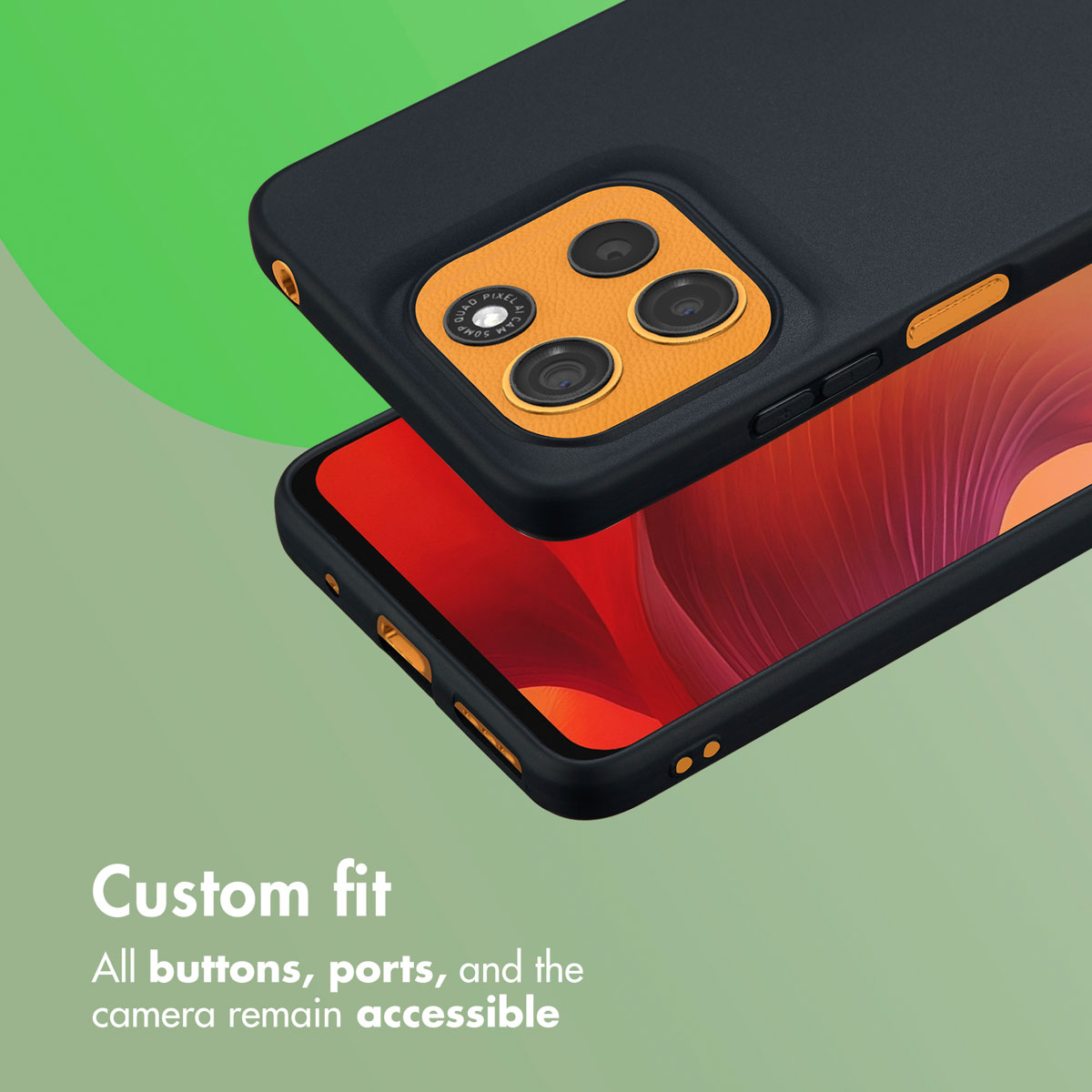 Un smartphone negro con funda, módulo de cámara naranja y botones, sobre un fondo verde.