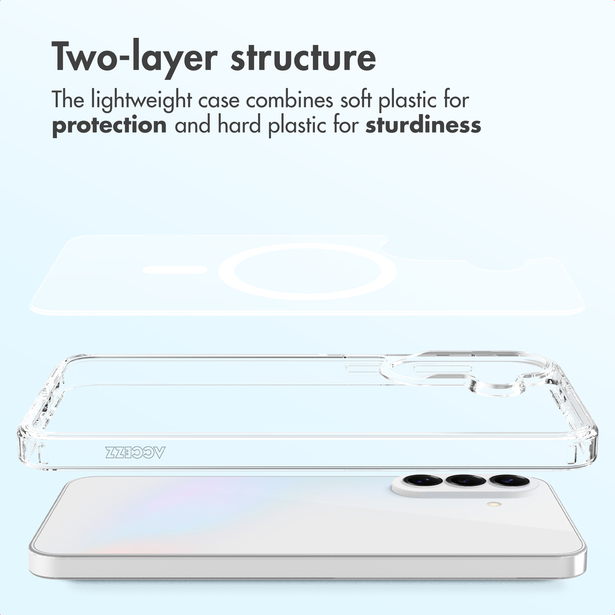 Vue éclatée d'une coque de téléphone à deux couches au-dessus d'un smartphone clair.