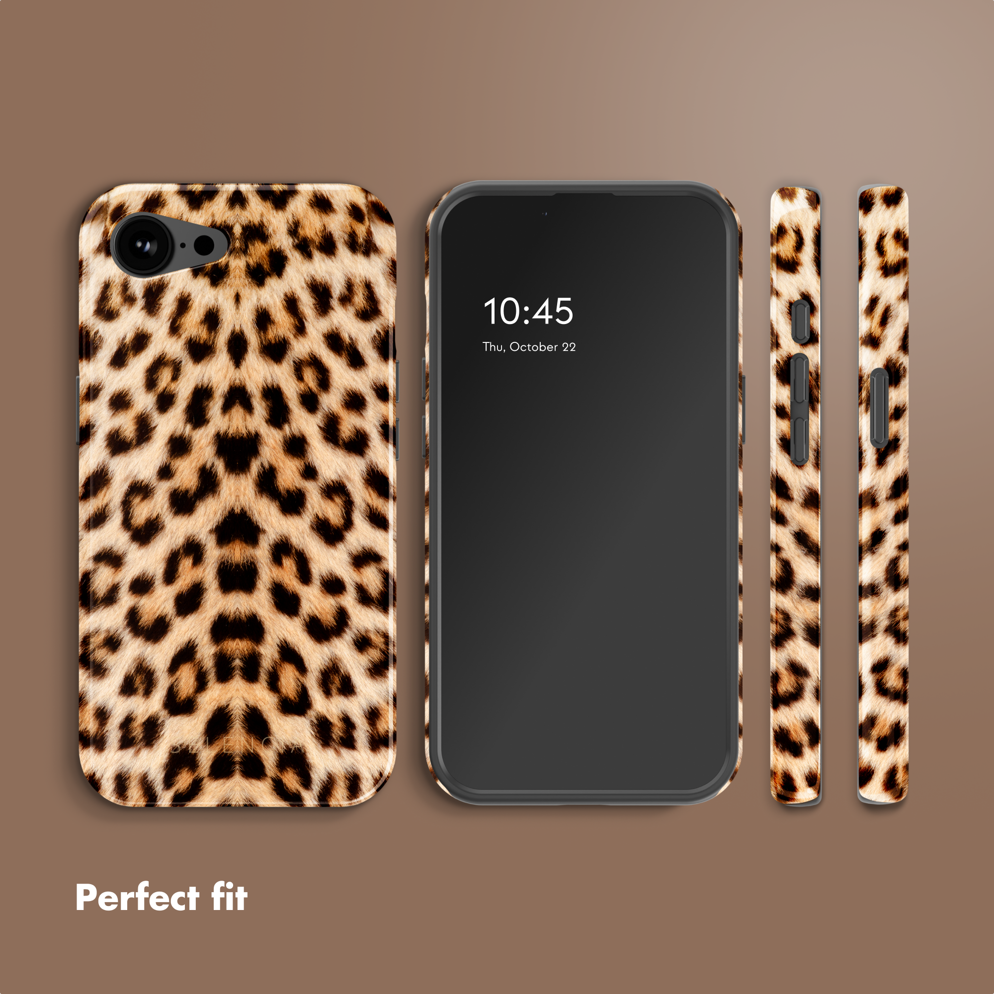 Cover per telefono leopardata con vista frontale, posteriore e laterale su sfondo marrone con testo.