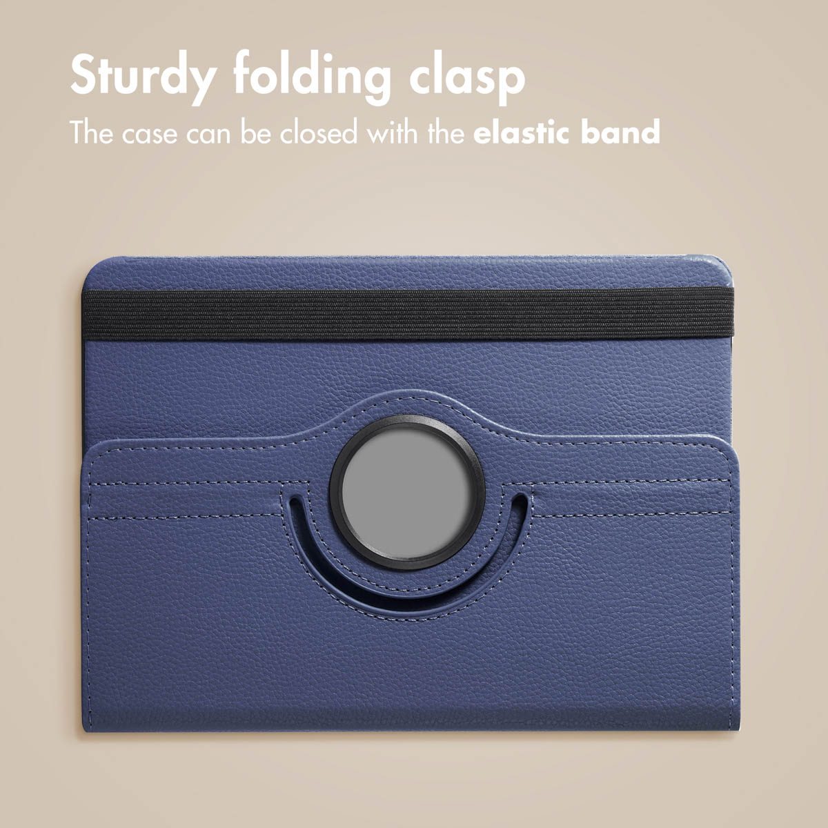 A blue tablet case with an elastic band and round swivel clasp against a beige background.