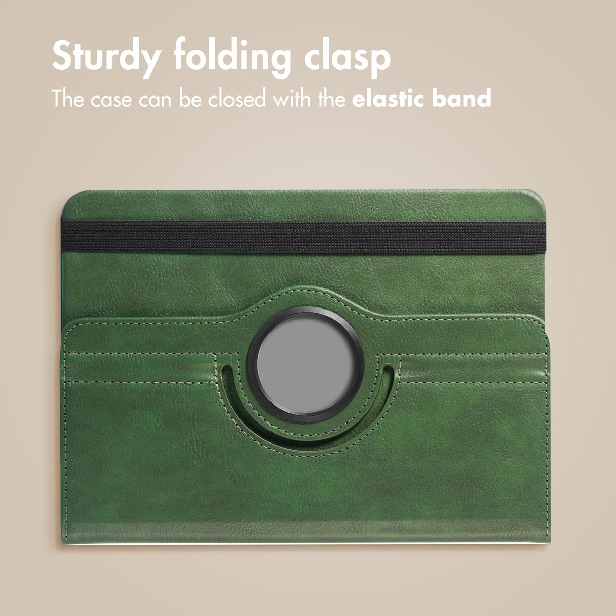 Green leather tablet case with a black elastic band and a central circular logo against a beige background.