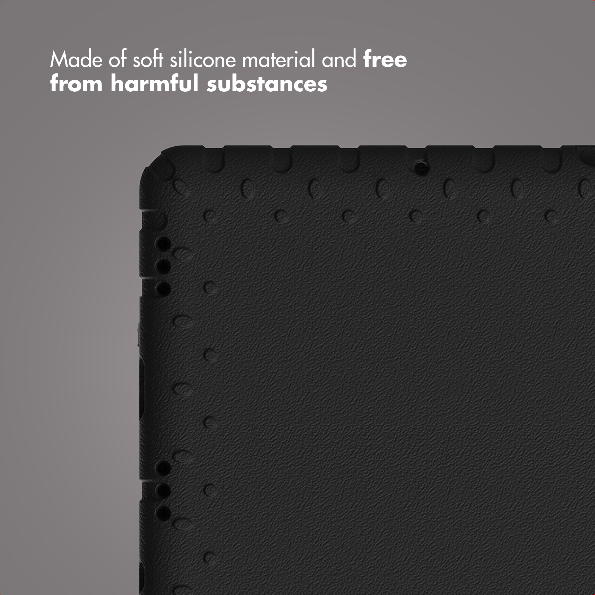 Close-up of a black textured silicone tablet case against a grey background with white text.
