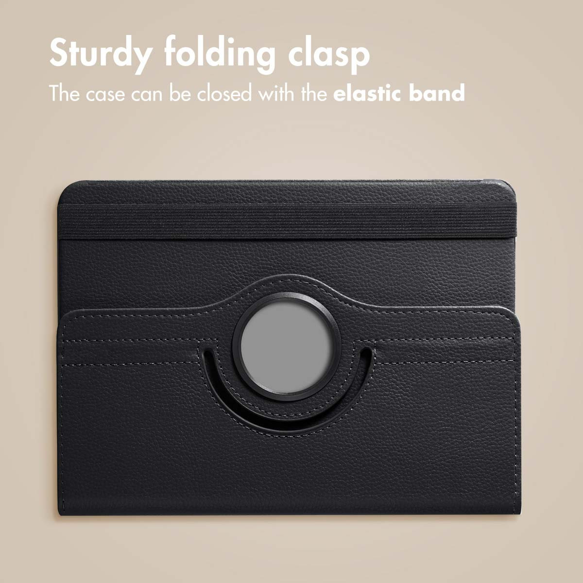 Black tablet case with elastic band and round logo cutout against a light background.