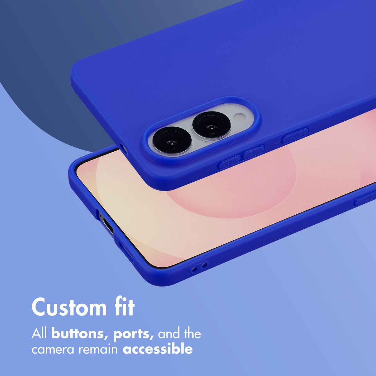 Un teléfono inteligente en una funda azul sobre un fondo azul con texto blanco.