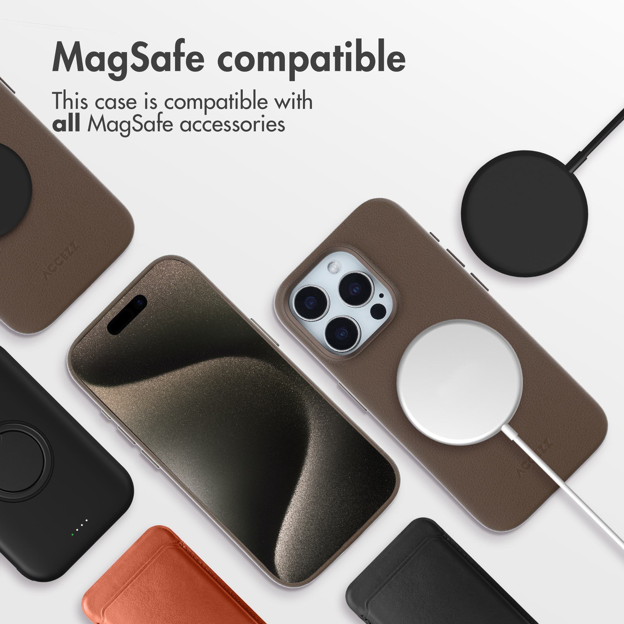 Coques en cuir marron compatibles MagSafe et iPhones sur fond blanc avec du texte.