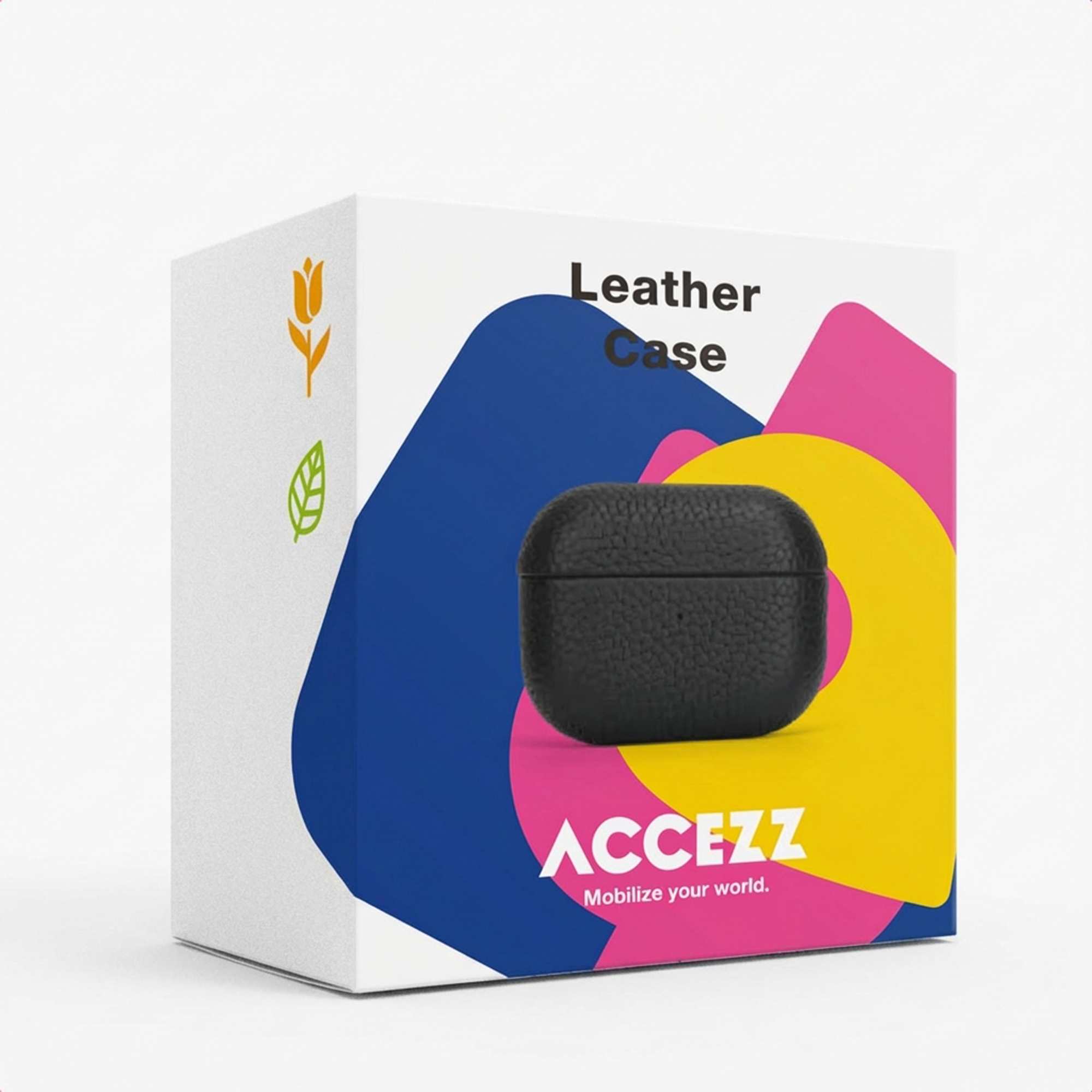 Una scatola bianca con grafica colorata mostra una custodia in pelle nera e la scritta 'Leather Case'.