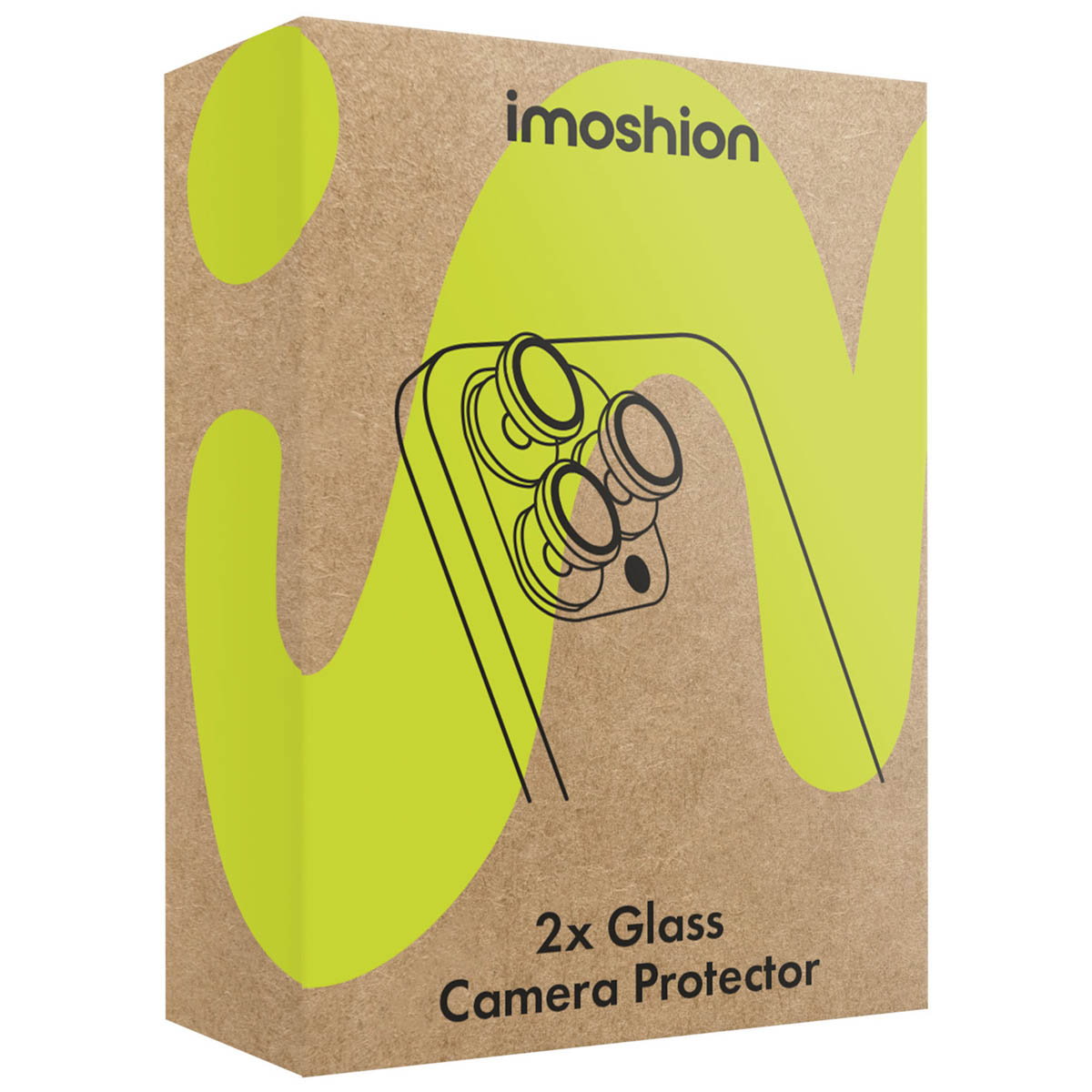 Scatola in cartone per imoshion 2x Glass Camera Protector con marchio verde e illustrazione di lenti.