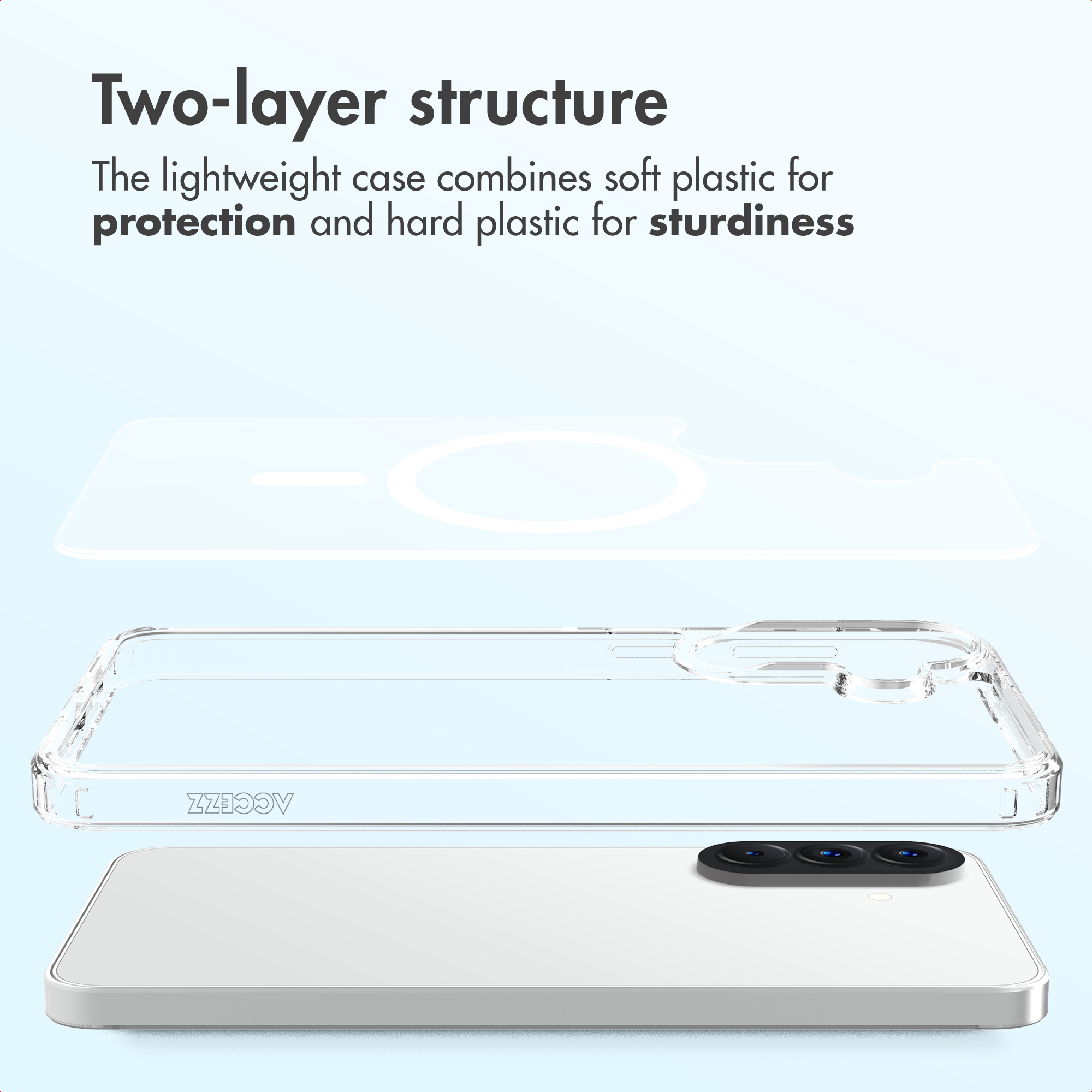 Vue éclatée d'une coque de smartphone à deux couches au-dessus d'un smartphone blanc.