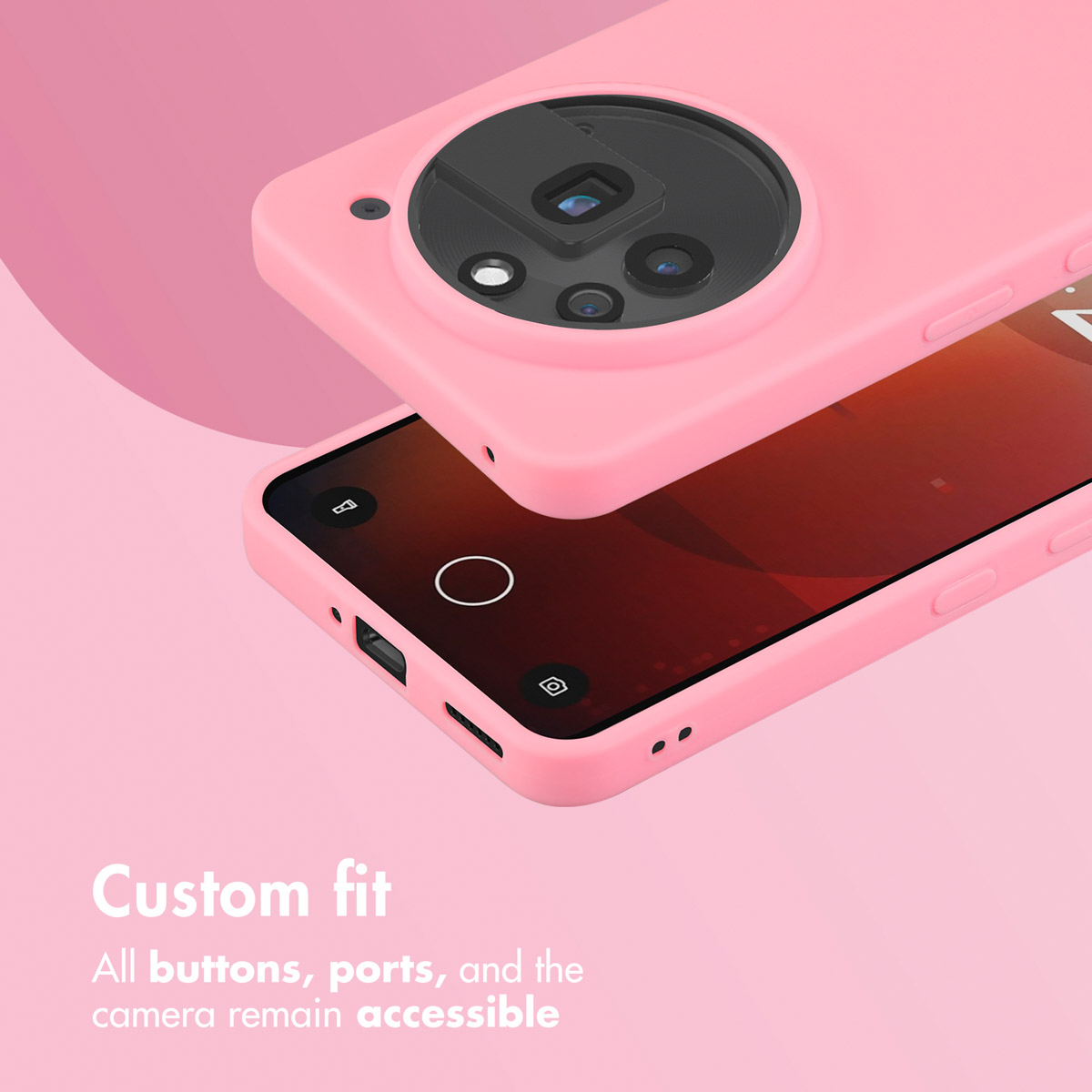Smartphone rosa en una funda que muestra puertos y botones sobre fondo rosa.