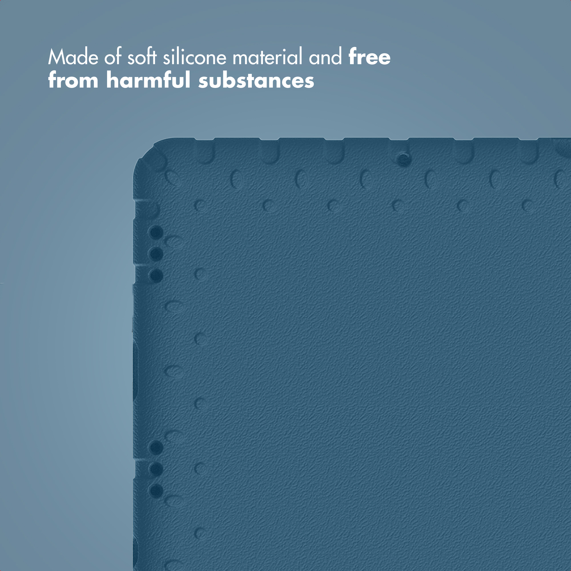 Blue soft silicone tablet case with textured surface and text at the top.