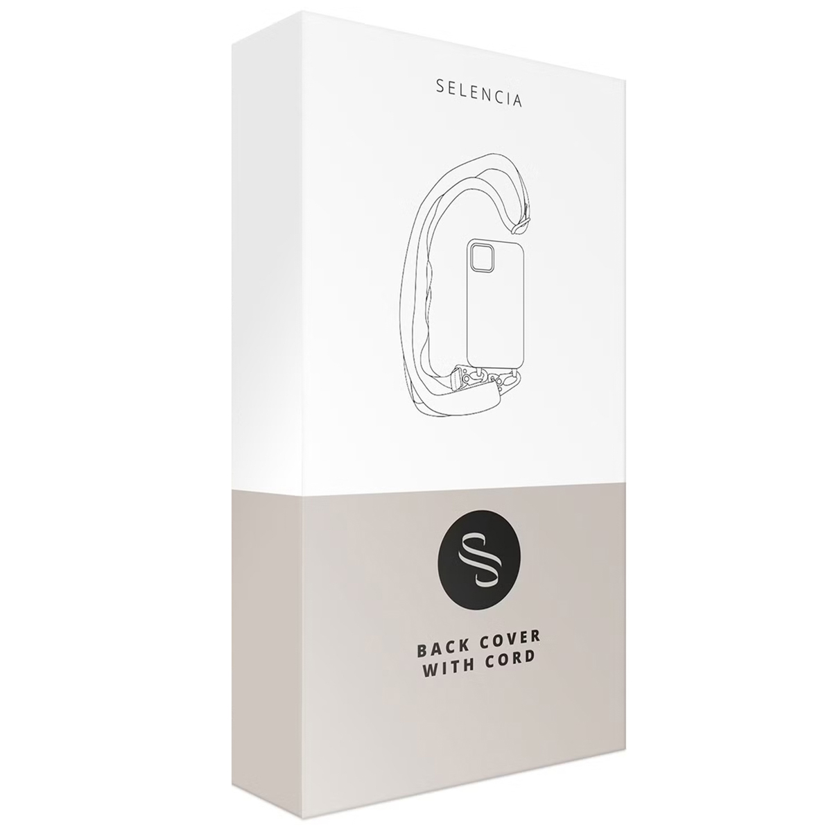 Confezione prodotto Selencia per cover posteriore con cordino, bianca e beige, con disegno a linee.