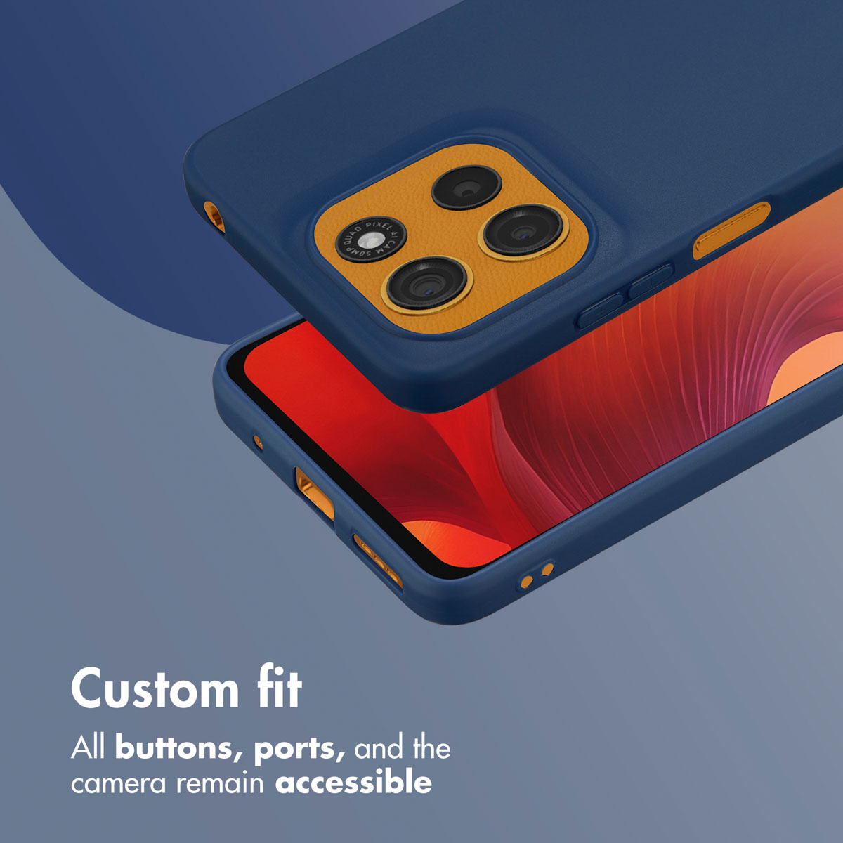 Funda de smartphone azul con módulo de cámara naranja y pantalla roja sobre fondo azul.