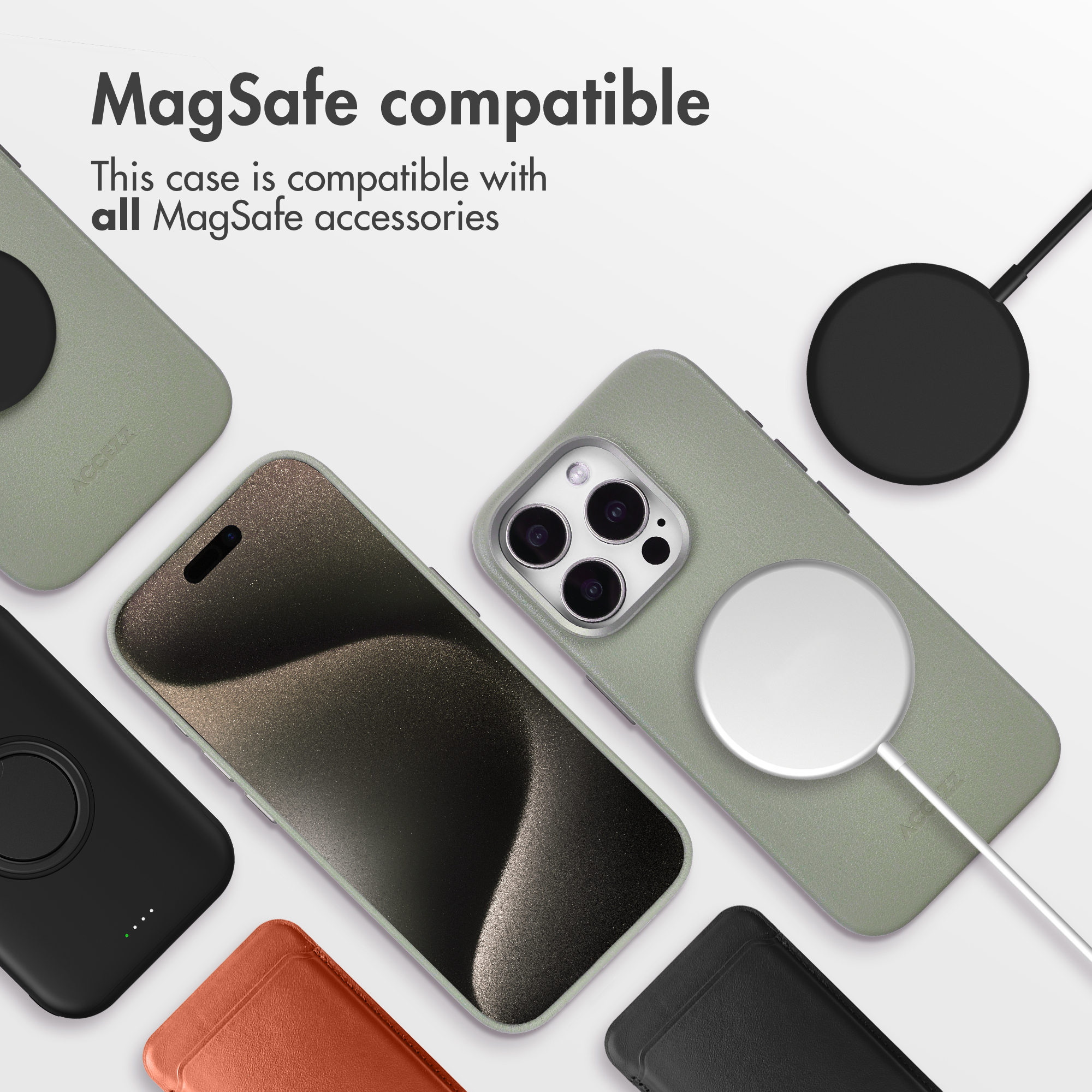 Smartphone vert avec coque MagSafe et accessoires sur fond blanc.