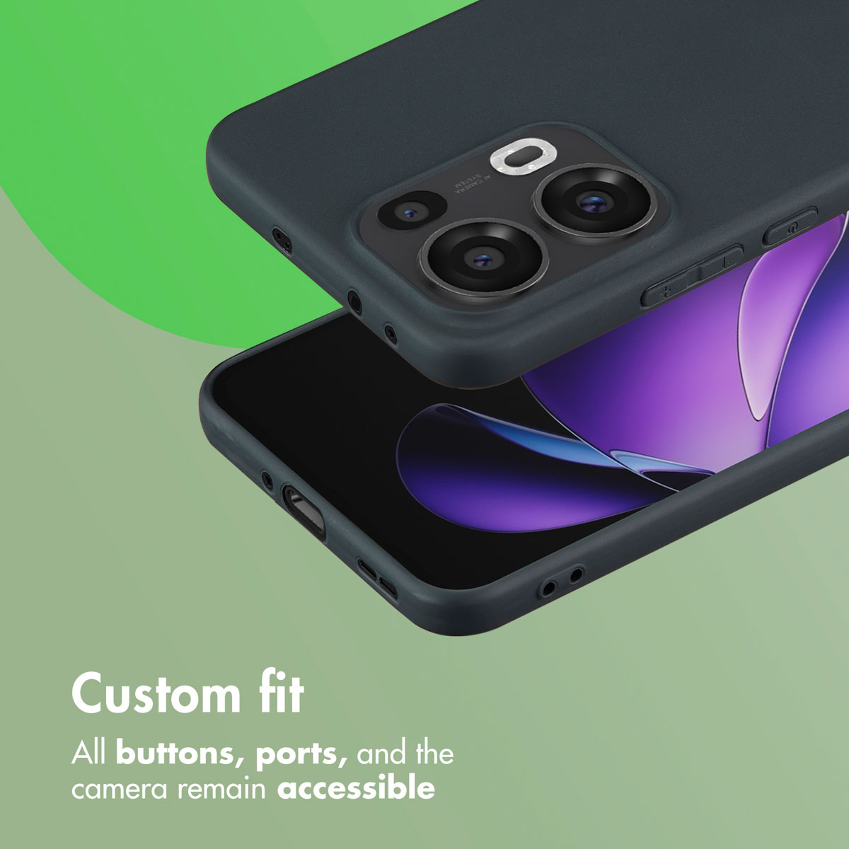 Funda de smartphone gris oscuro sobre fondo verde, manteniendo botones y puertos accesibles.