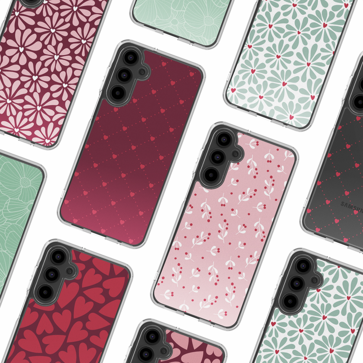 Diverse custodie per smartphone con motivi colorati come fiori, cuori e bacche su sfondo bianco.