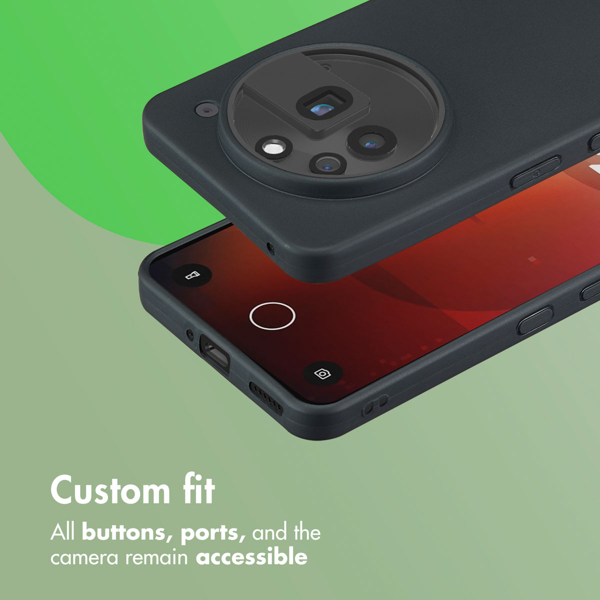 Un smartphone negro en funda protectora con módulo de cámara circular, sobre fondo verde.