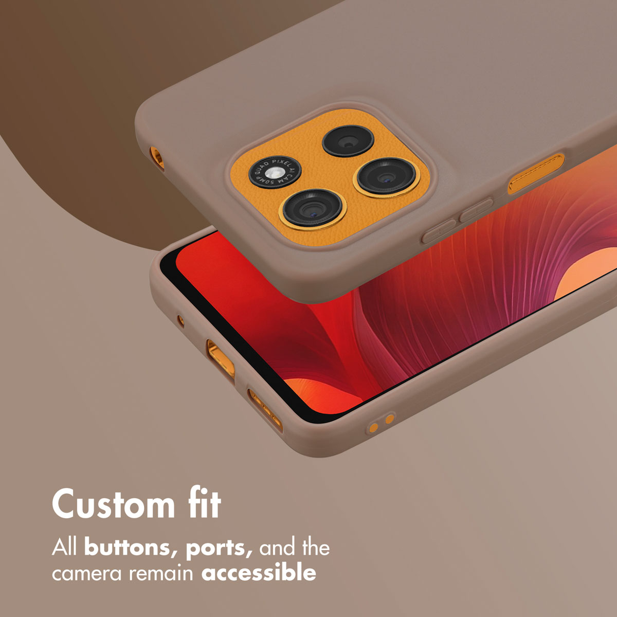 Un teléfono en una funda protectora marrón con detalles naranjas, mostrando botones y puertos.