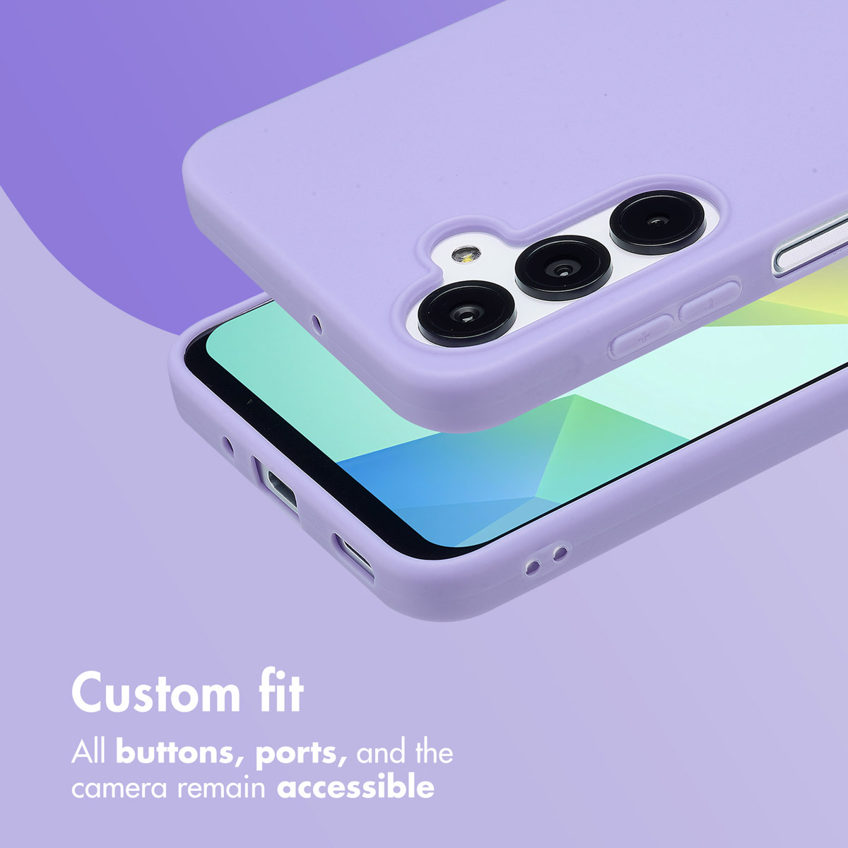 Una funda de smartphone de color lila claro muestra recortes de cámara y botones laterales sobre fondo morado.