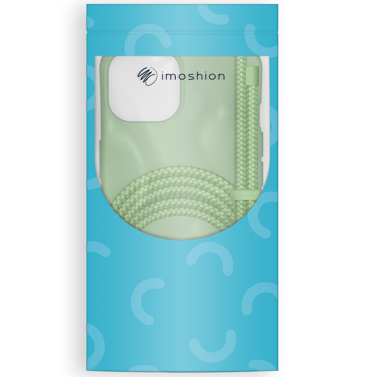 Une coque de téléphone vert clair avec cordon assorti dans un emballage bleu à motifs.