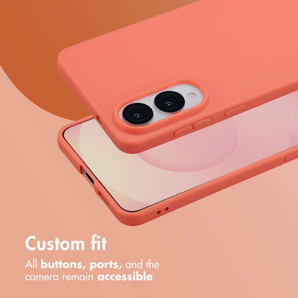Una funda de smartphone rosa sobre fondo rosa con texto sobre accesibilidad de botones.