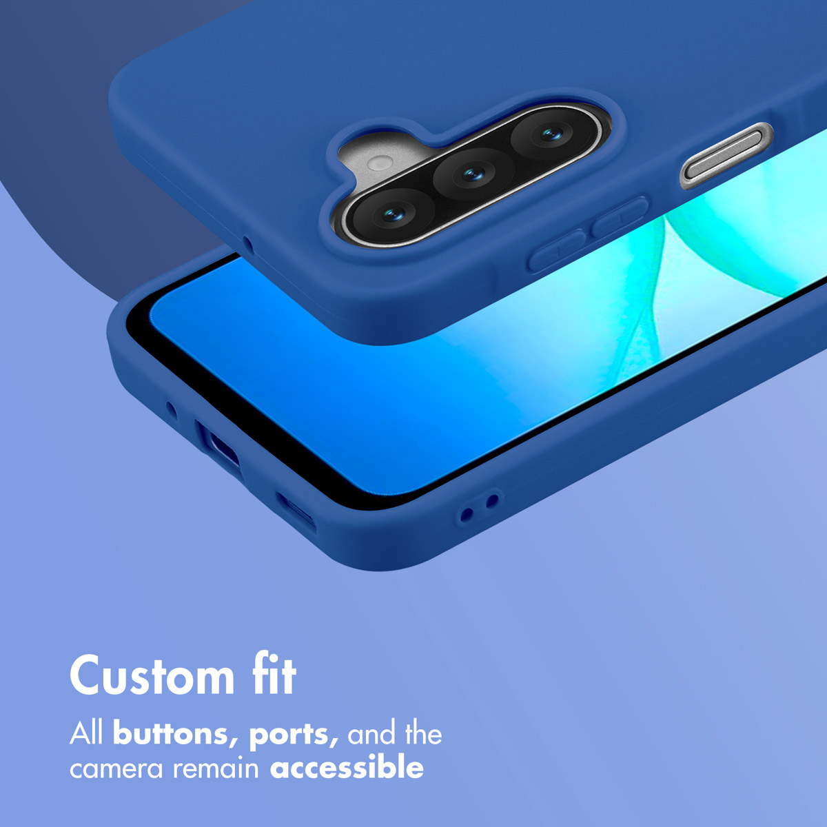 A blue smartphone with a custom-fit blue silicone case showing its triple camera setup and accessible side buttons.
