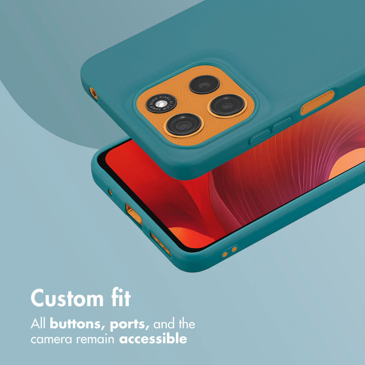 Fundador de teléfono turquesa con módulo de cámara naranja sobre fondo azul claro y texto.