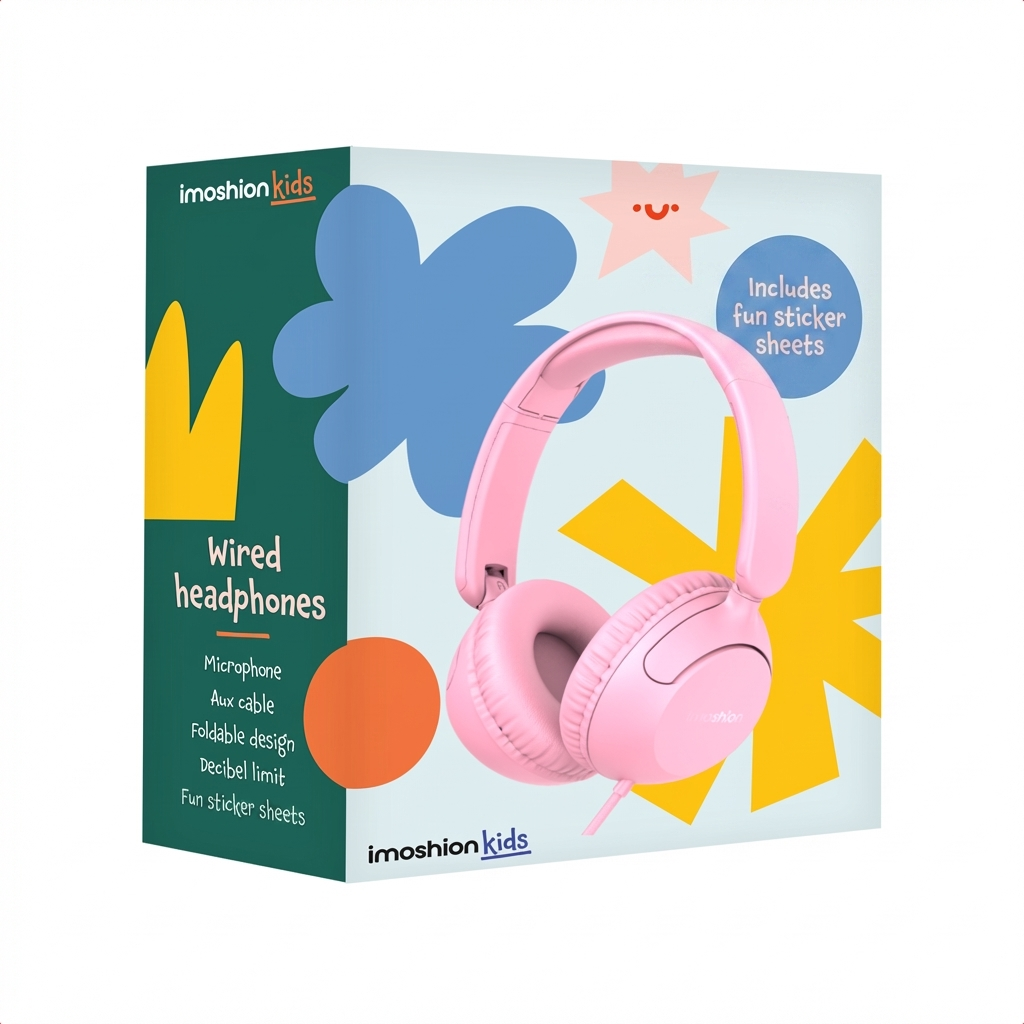 Empaque para auriculares con cable para niños Imoshion rosas con formas coloridas sobre fondo azul claro.