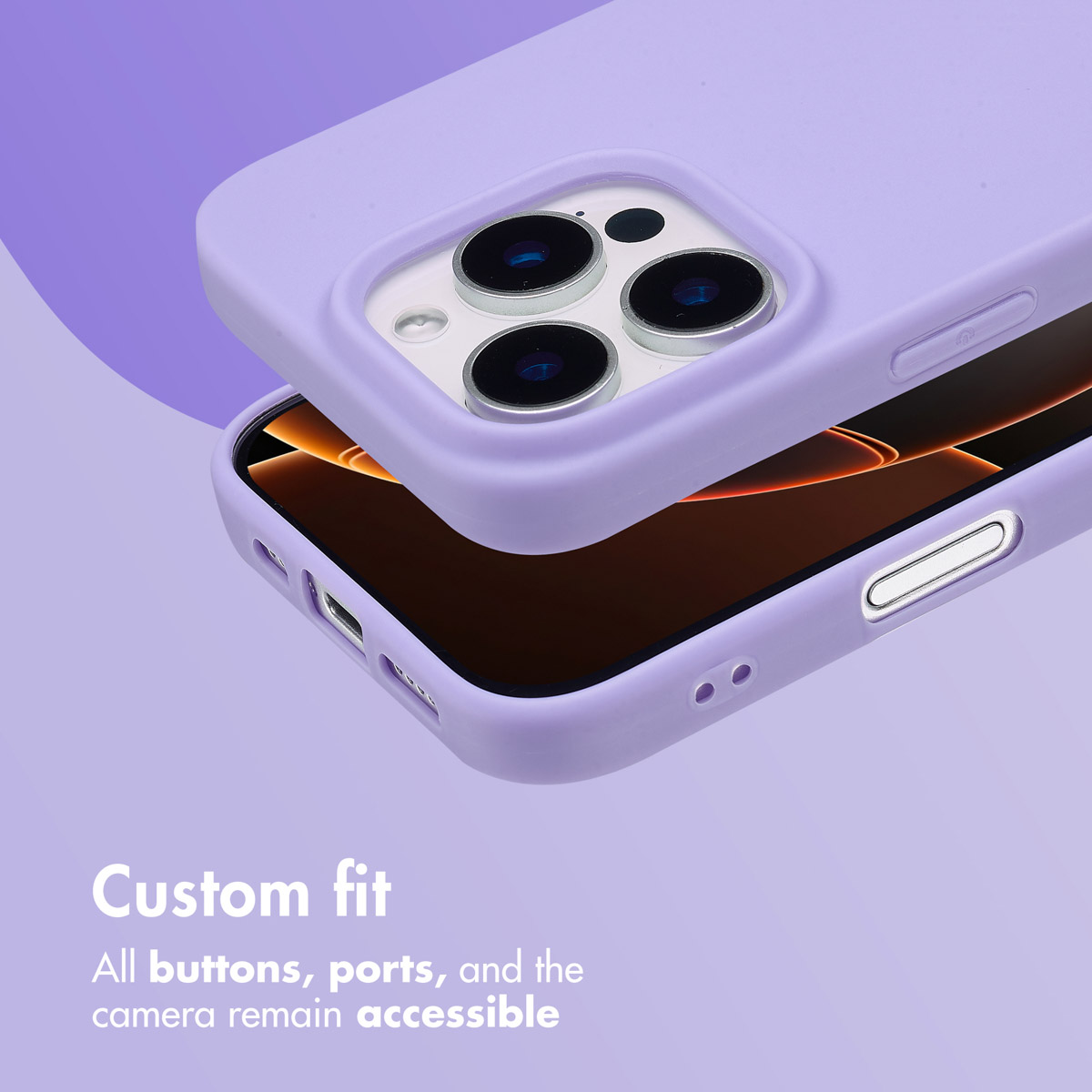 Coque de smartphone violette sur fond violet clair avec du texte.