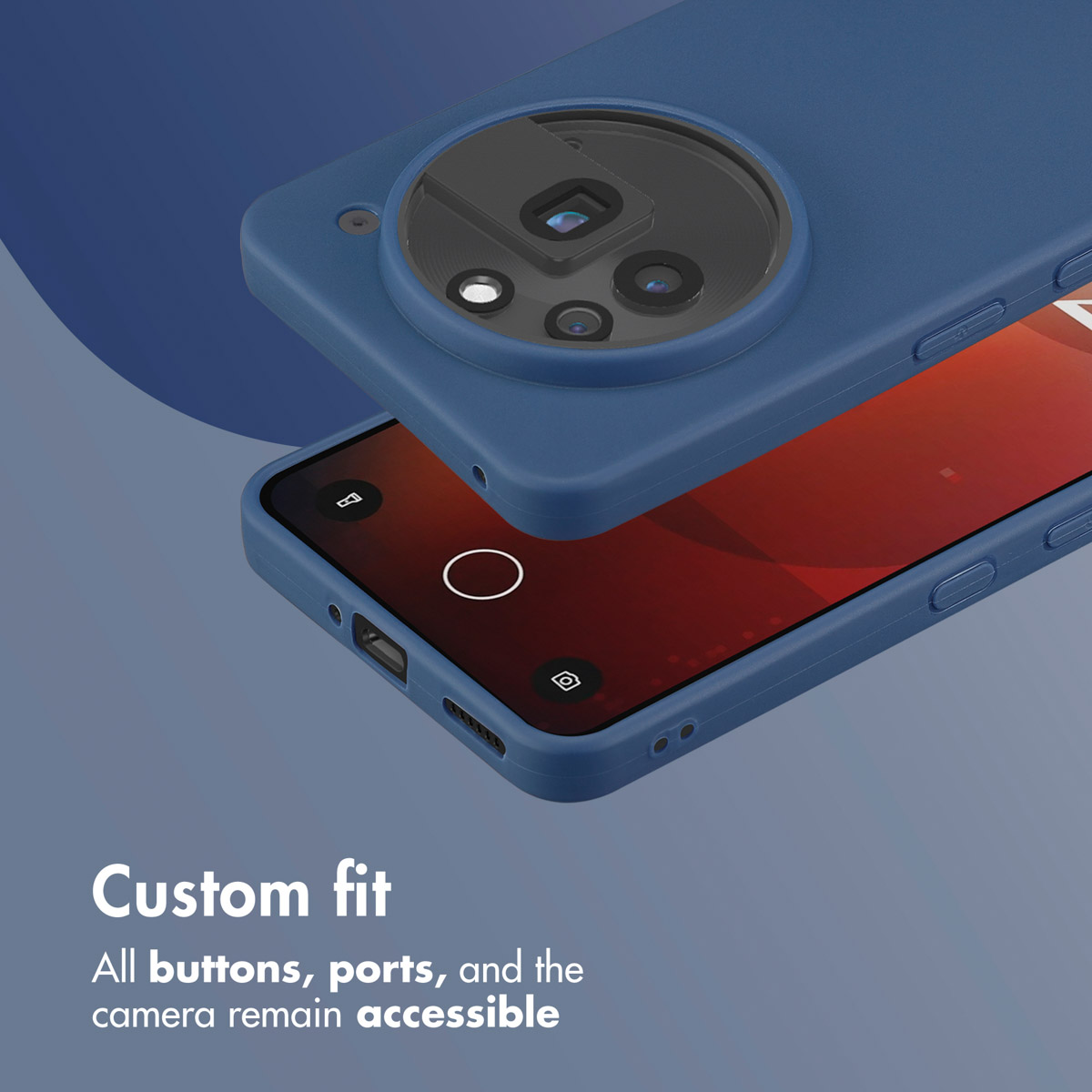 Funda de smartphone azul con recorte de cámara circular y puertos accesibles.