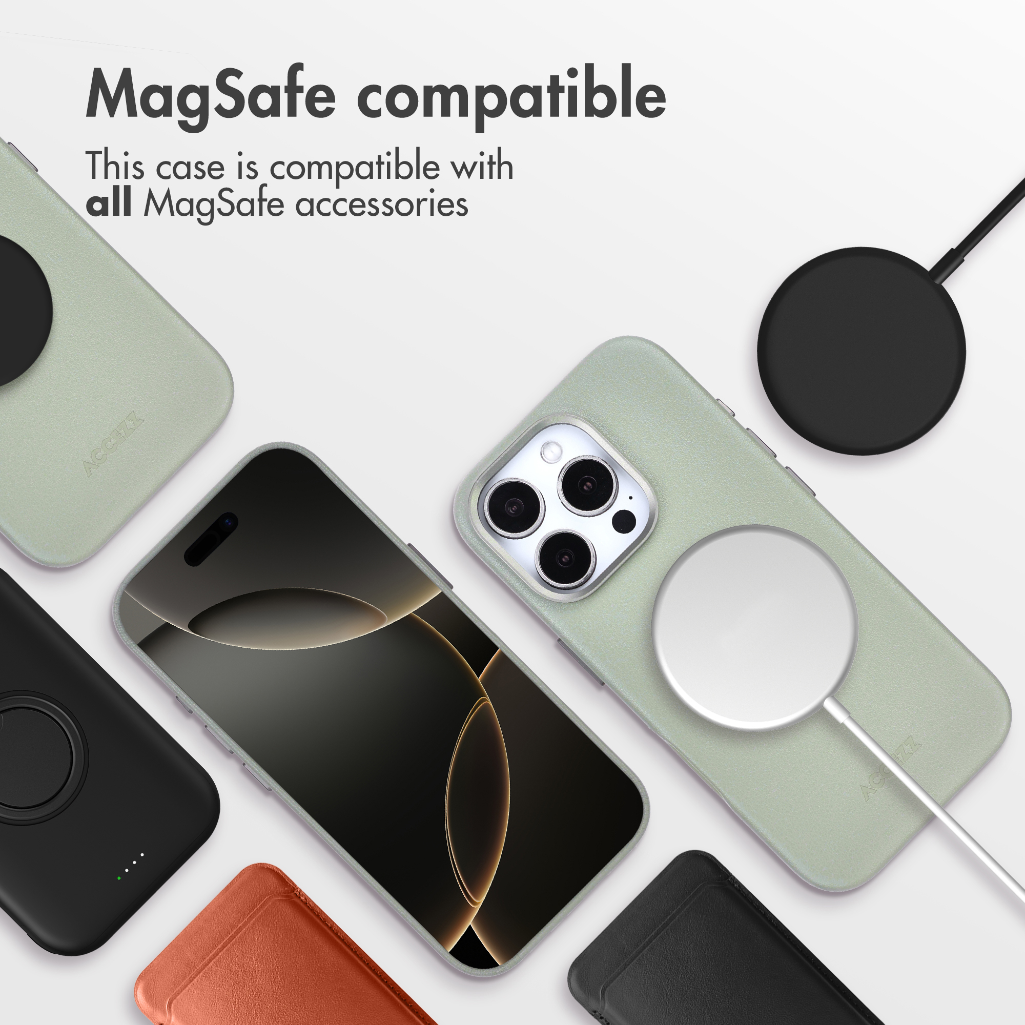 Coque de téléphone compatible MagSafe avec chargeur sans fil et accessoires sur fond blanc.