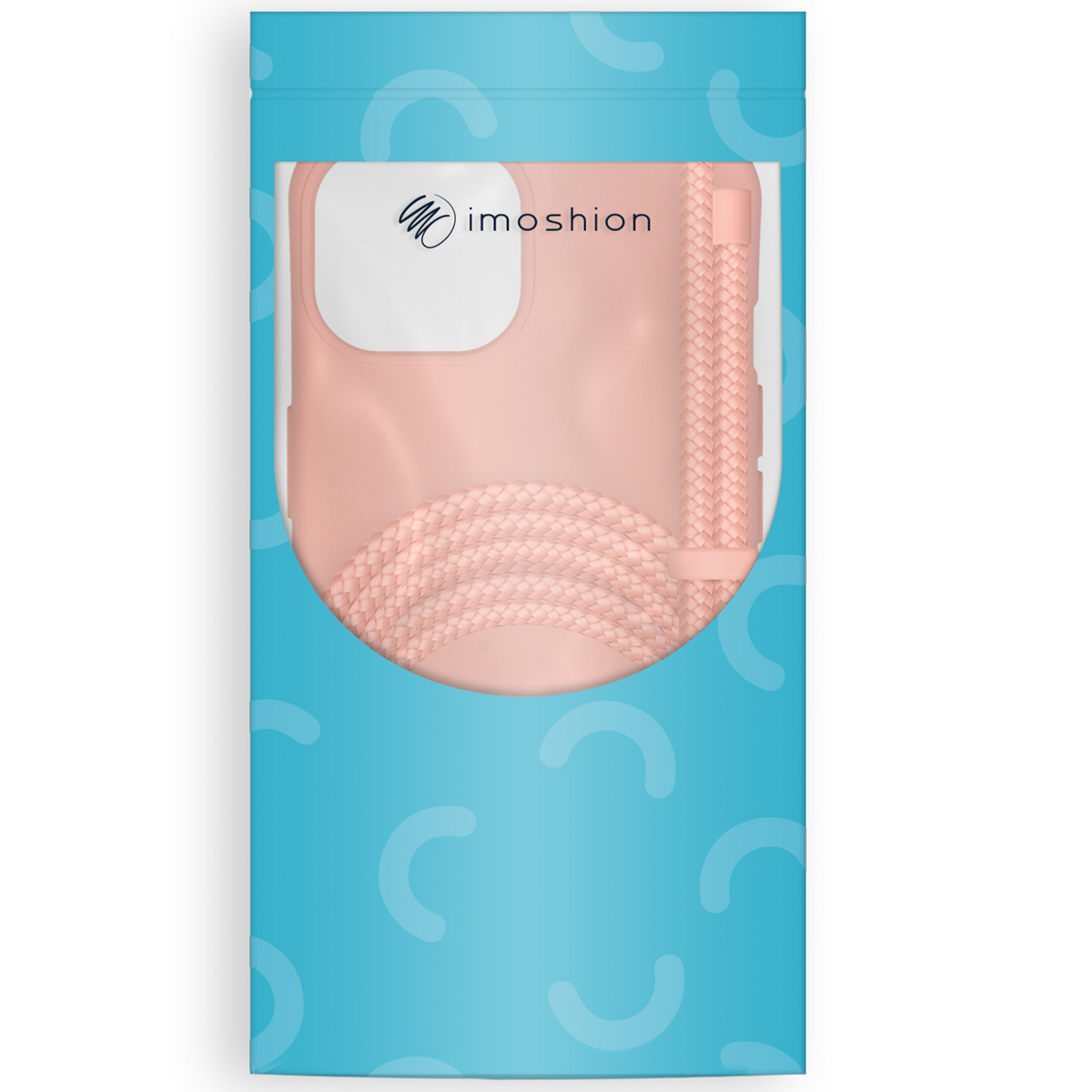 Coque de téléphone rose avec cordon assorti dans un emballage bleu clair à motifs.