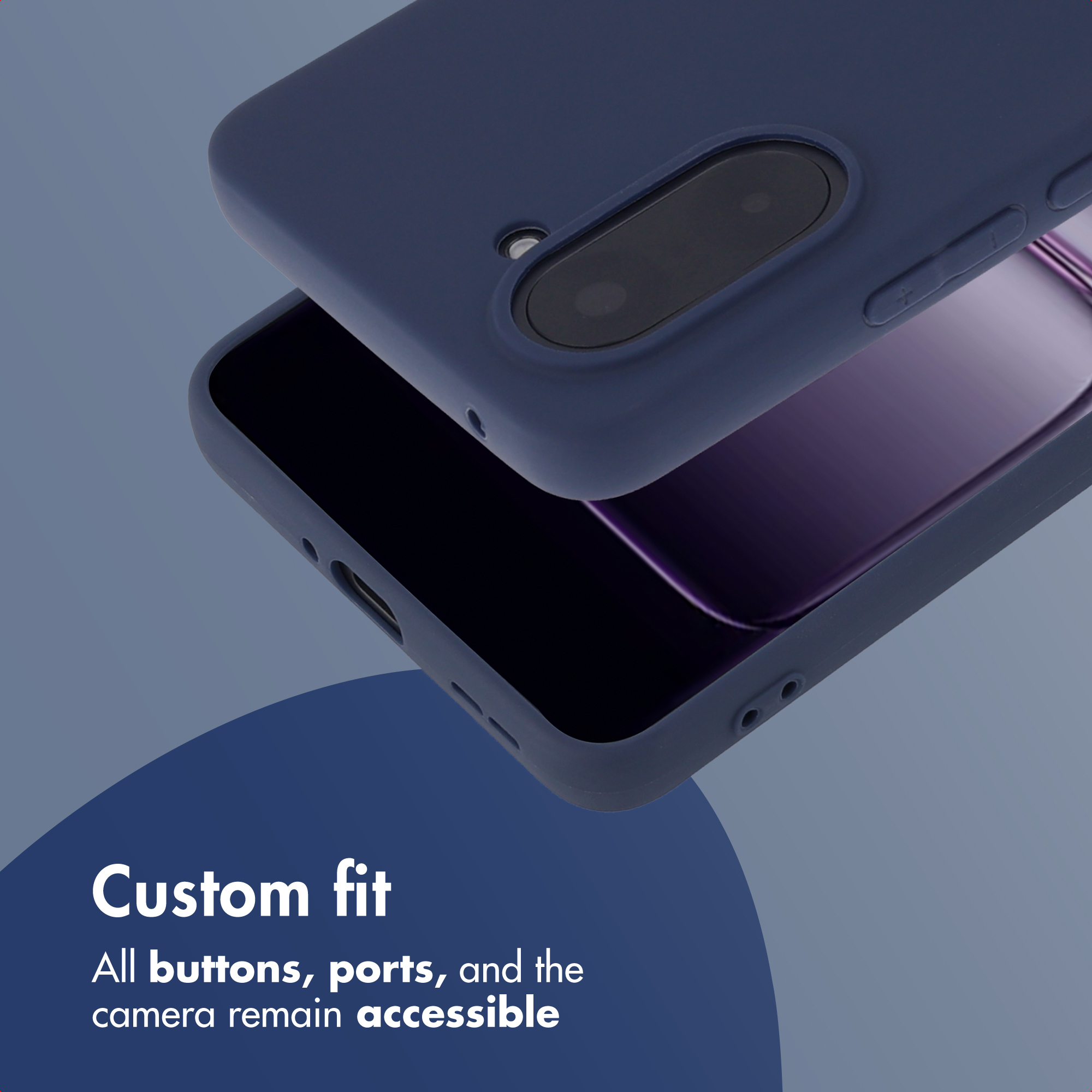 Custodia protettiva blu su uno smartphone con pulsanti e porte accessibili.
