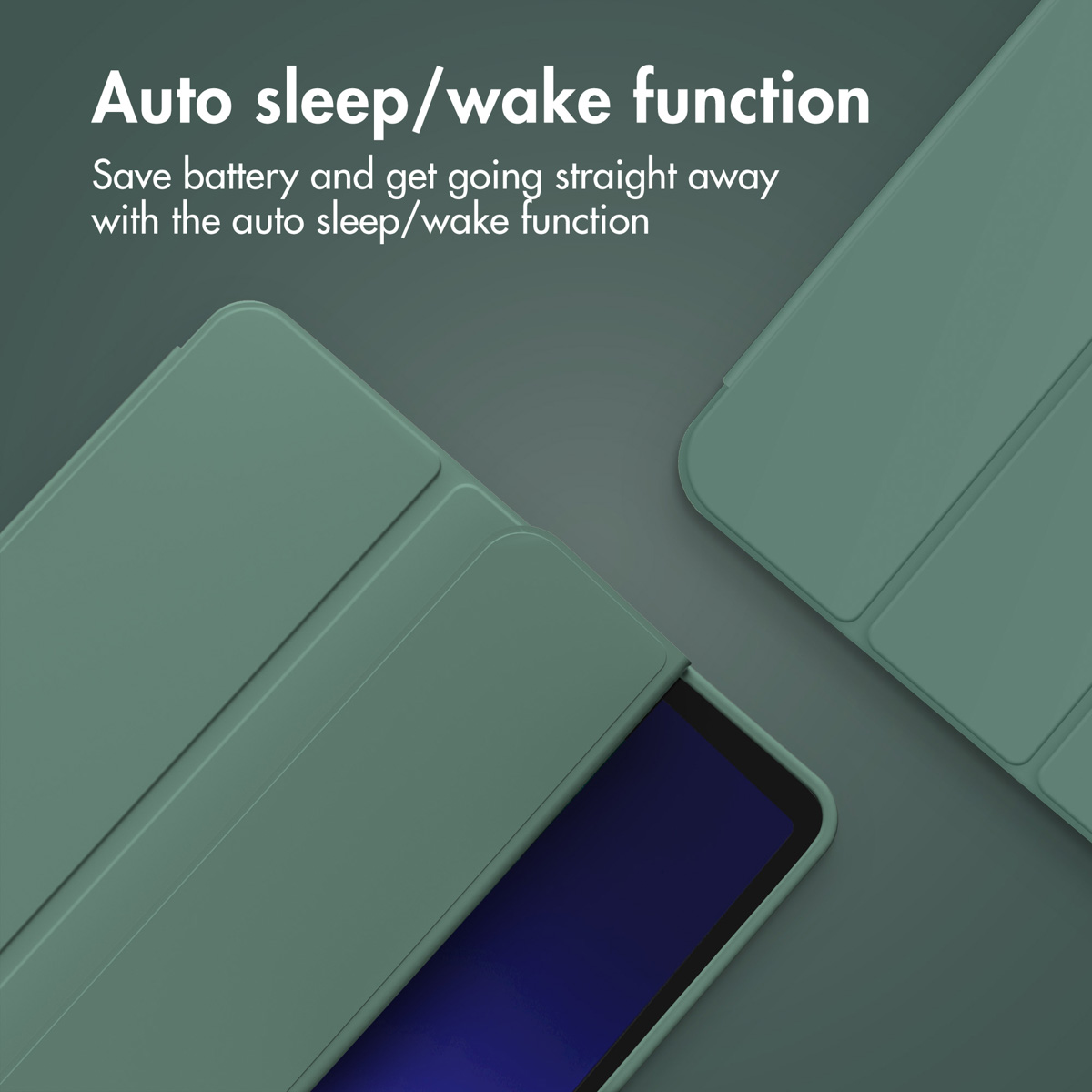 Green tablet case with auto sleep/wake function and text on a dark background.