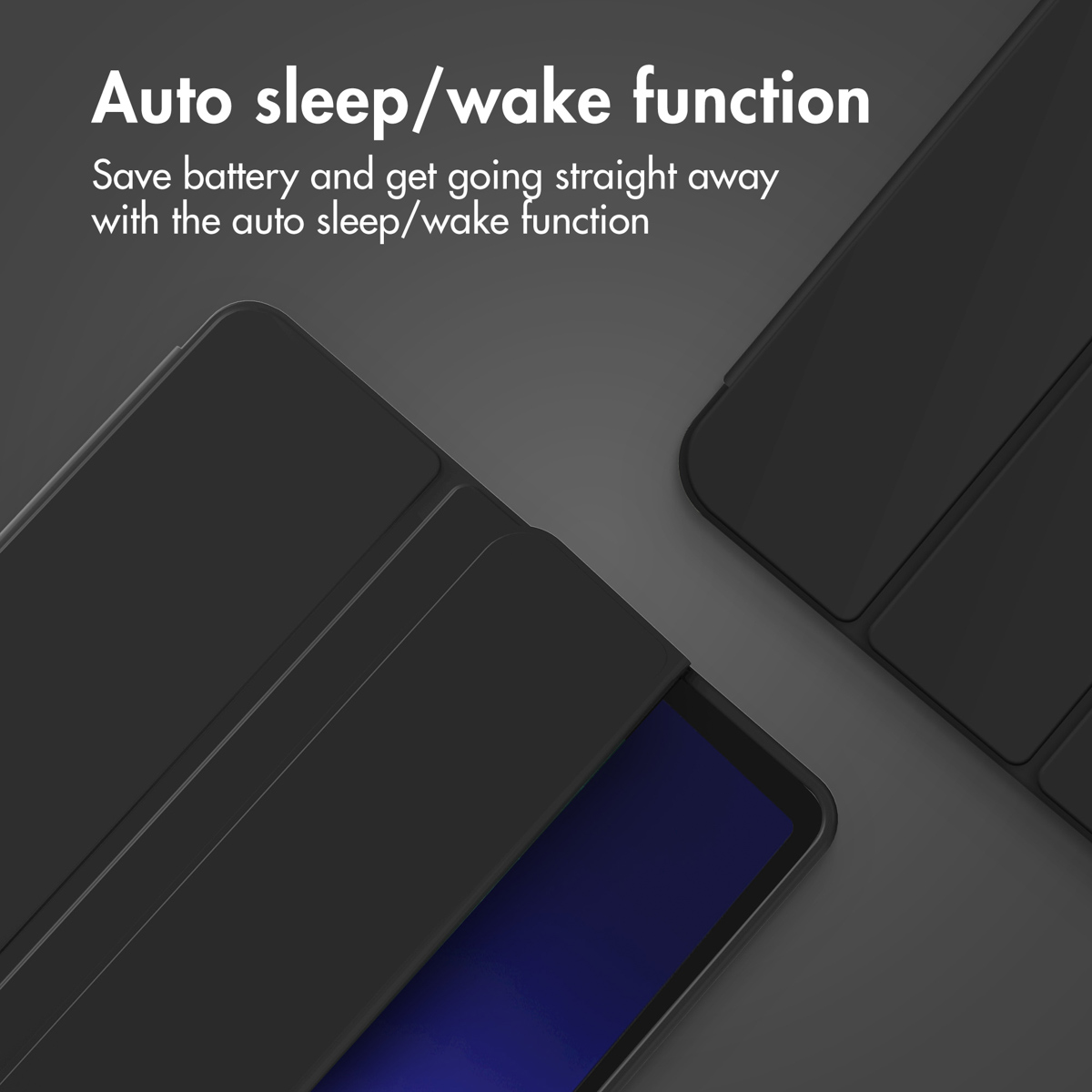 Black tablet in protective case with text about auto sleep/wake function.