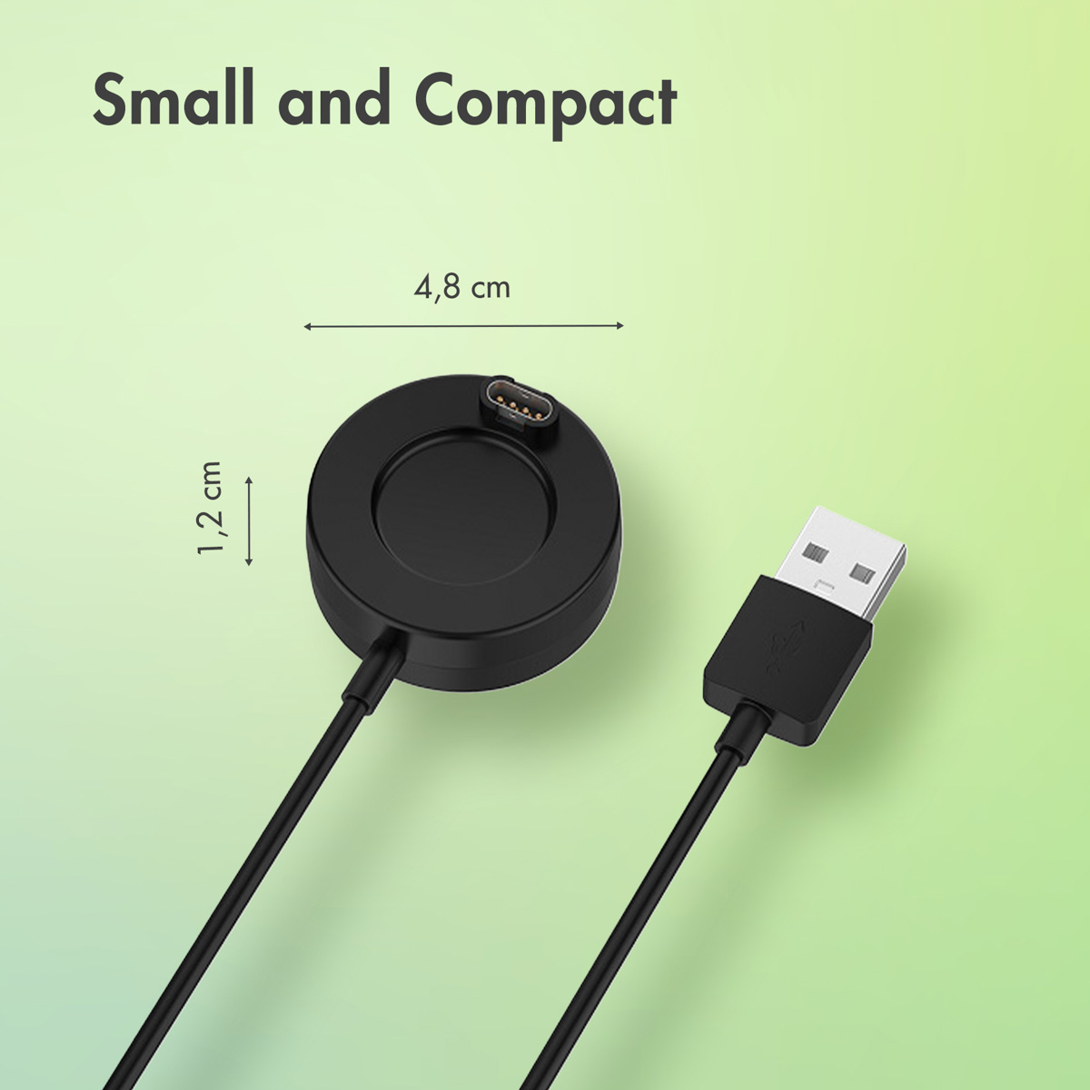 Small black smartwatch charging cable with a USB connector and dimensions of 4.8 cm by 1.2 cm.