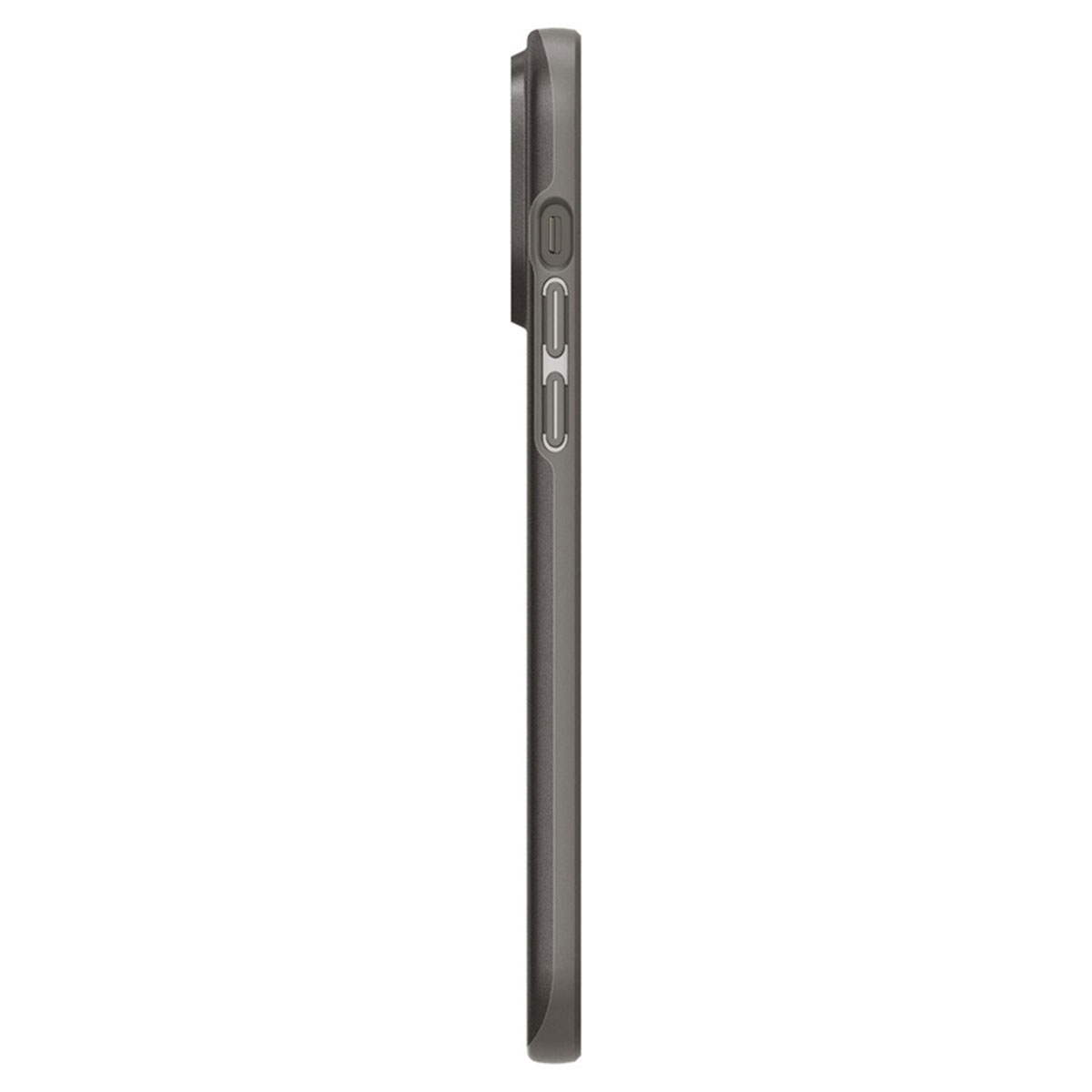 Widok z boku szarego etui na smartfon z przyciskami.